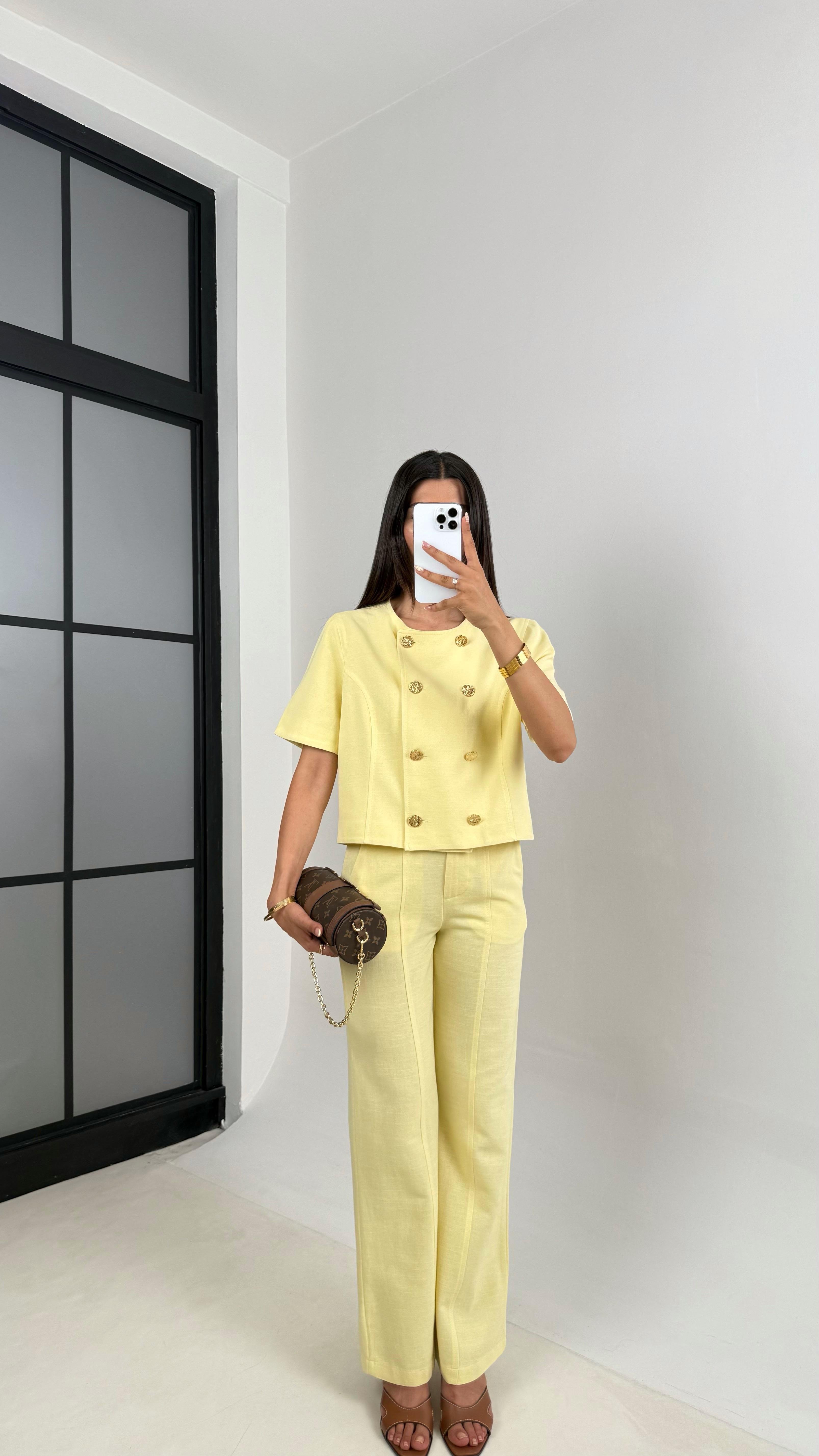 Sarı Önü Düğmeli Astarlı Yelek Cepli Pantolon İkili Keten Takım Gaus00670GausTAKIMGU1002548