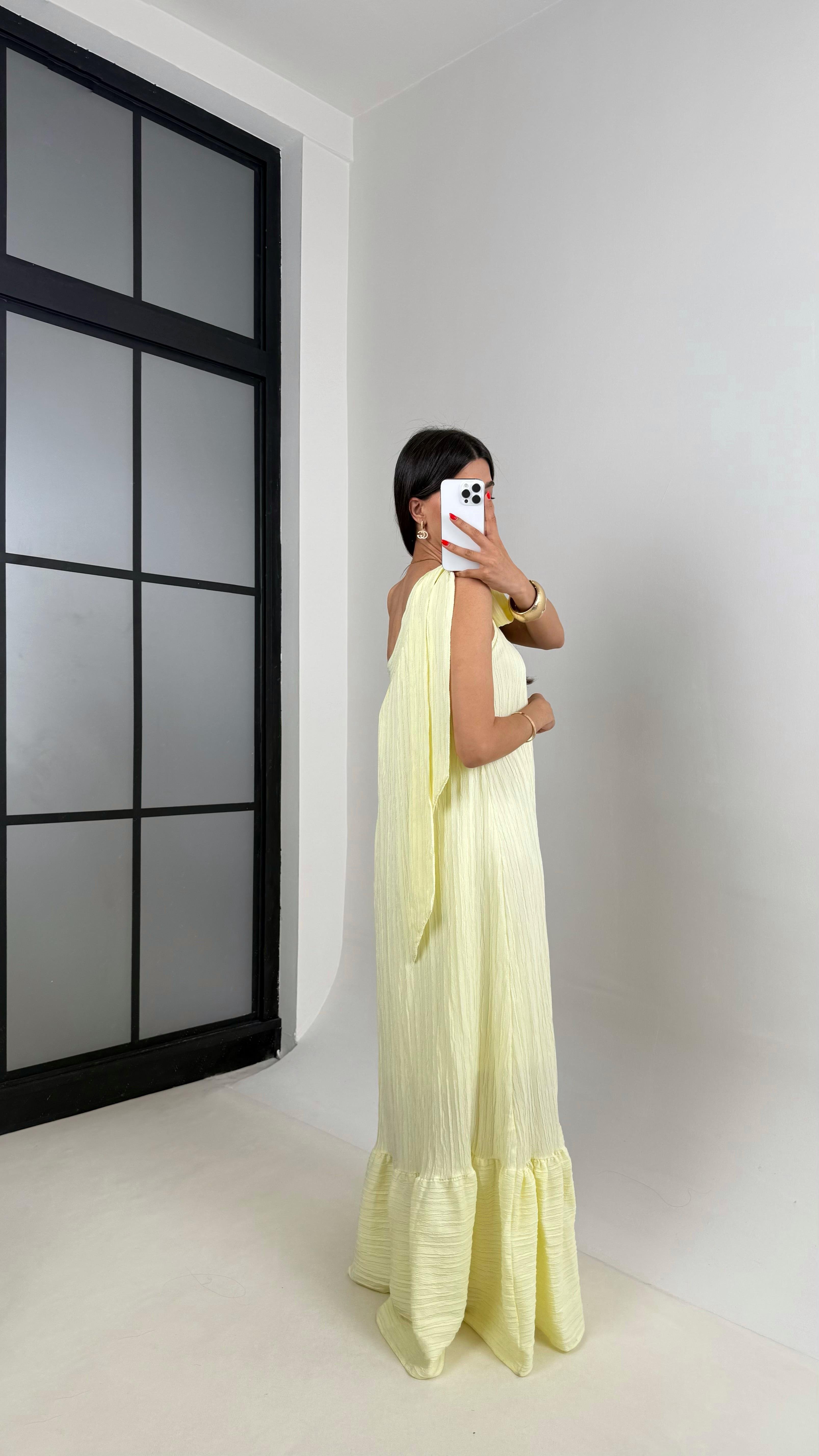 Sarı Tek Omuz Astarlı Gofre Kumaş Elbise Gaus00497 GausELBİSEGU1002163