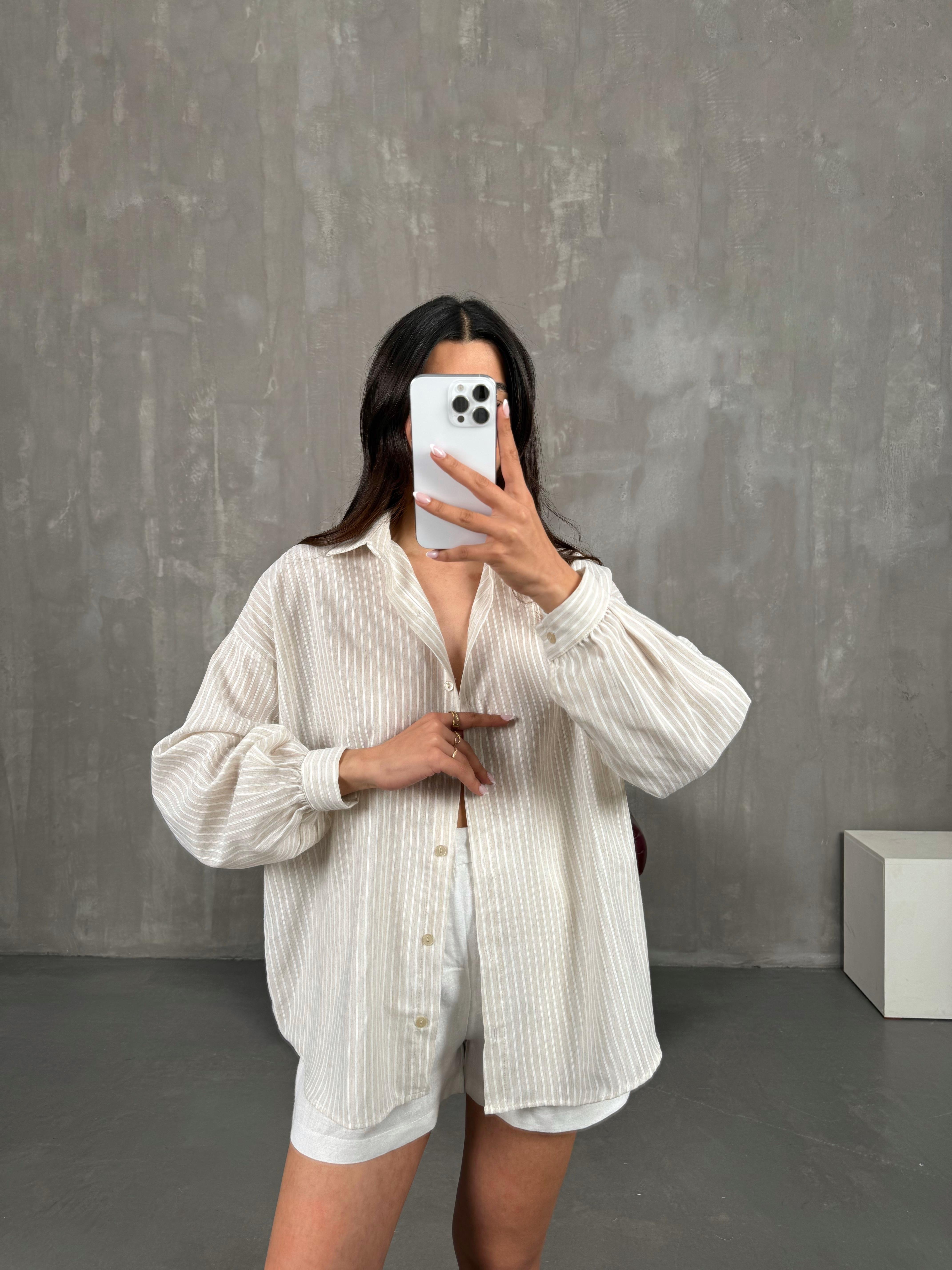 Vizon Beyaz Çizgili Keten Gömlek Gaus00268GausGÖMLEKGU1001620