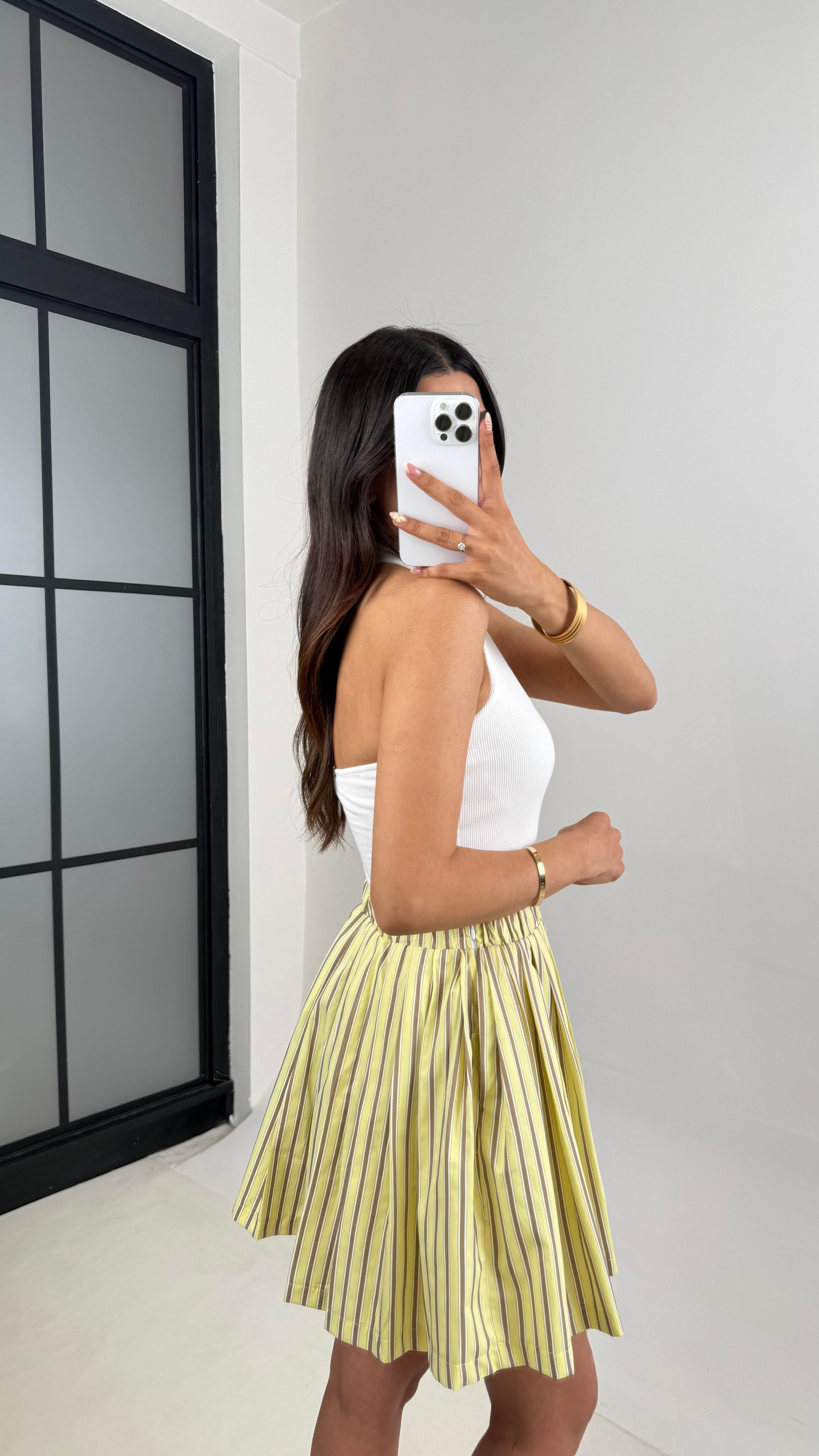 Sarı Vizon Şeritli Pileli Şort Etek Gaus00650GausETEKGU1002510