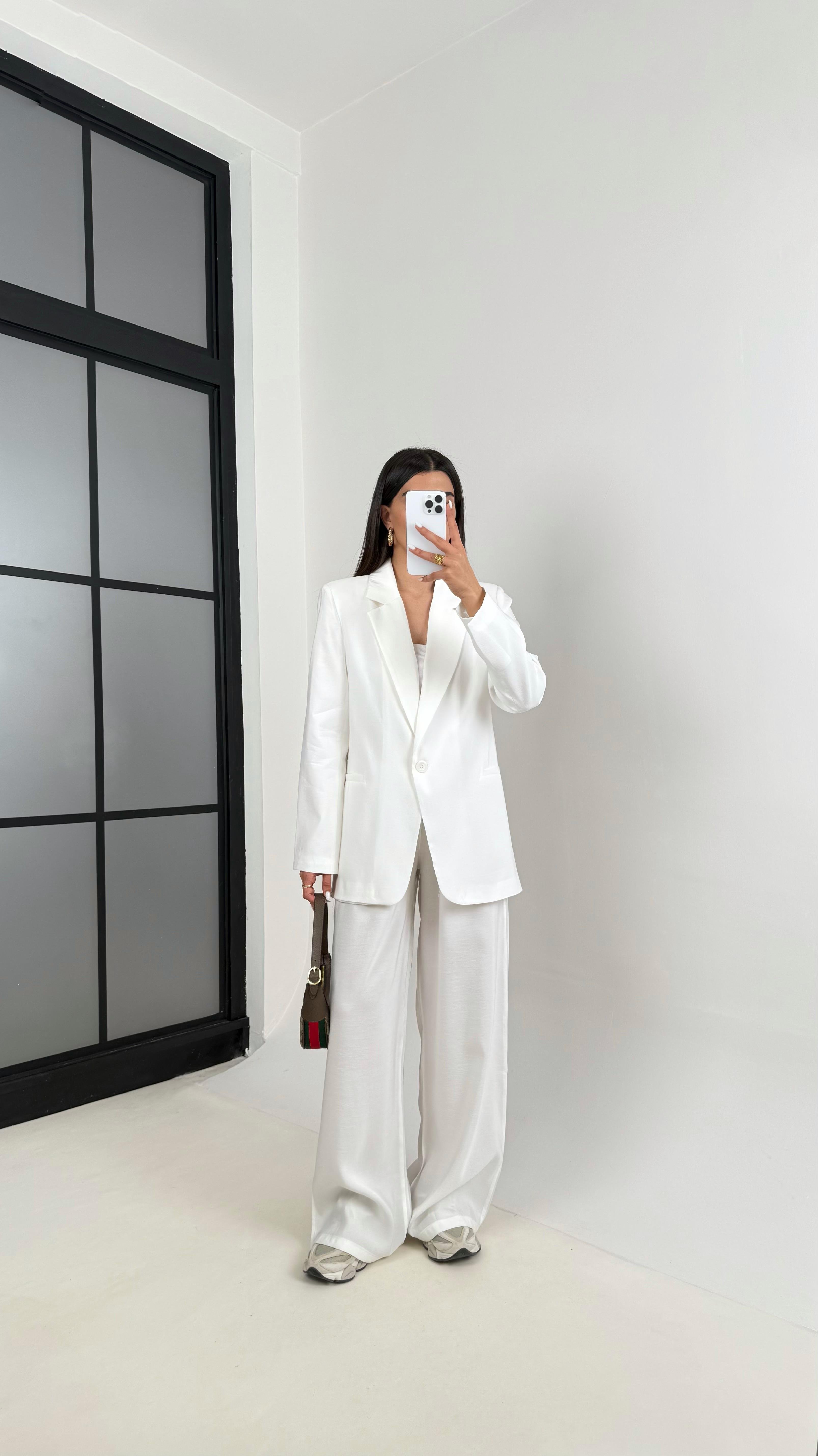 Beyaz Astarlı Blazer Ceket Beli Lastikli Pantolon Tensel Takım Gaus00444GausTAKIMGU1002035