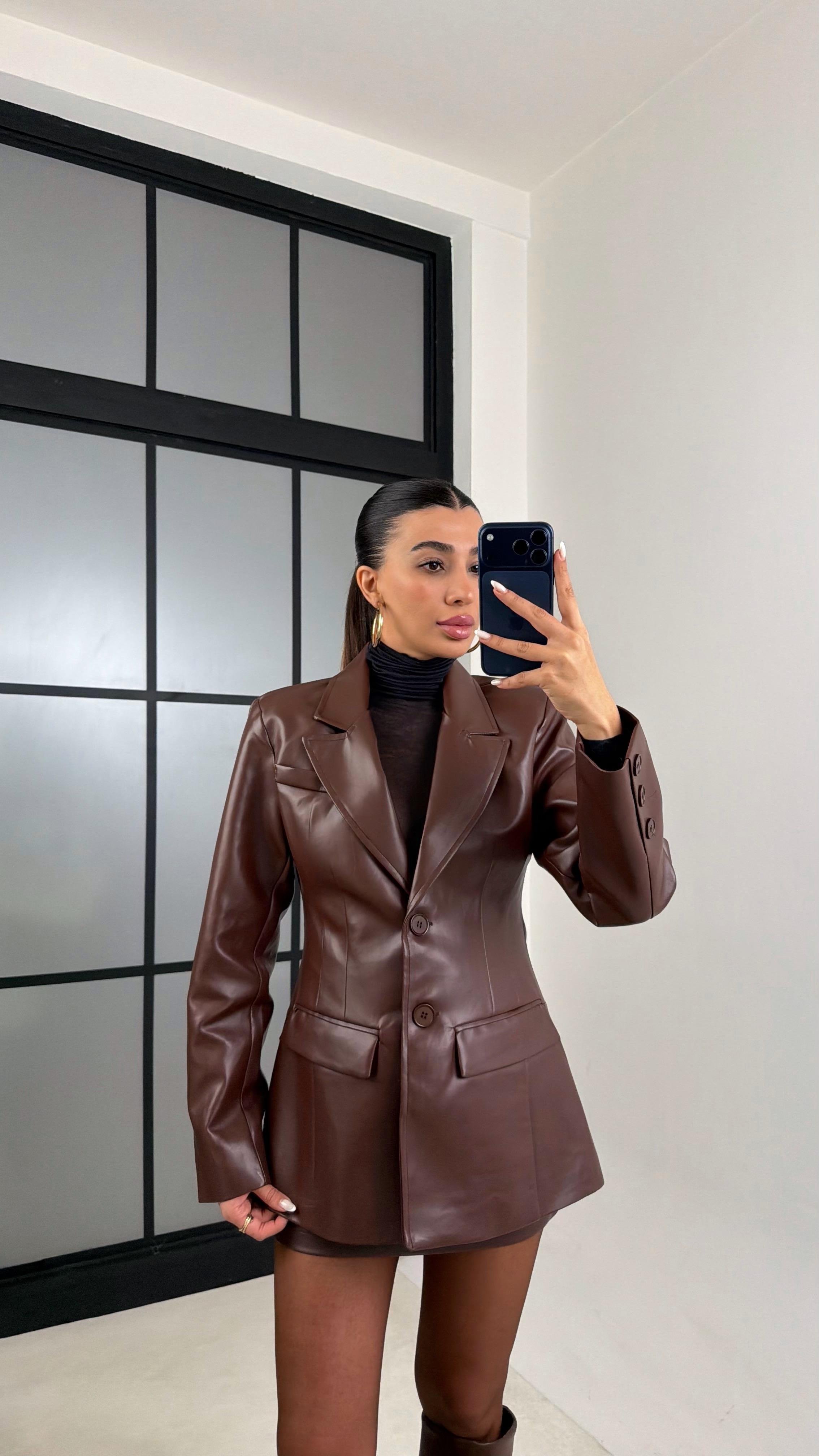 Kahve Astarlı Vatkalı Blazer Ceket Etek Premium Deri Takım GAUS-00657GAUSTAKIMGAUS-00657