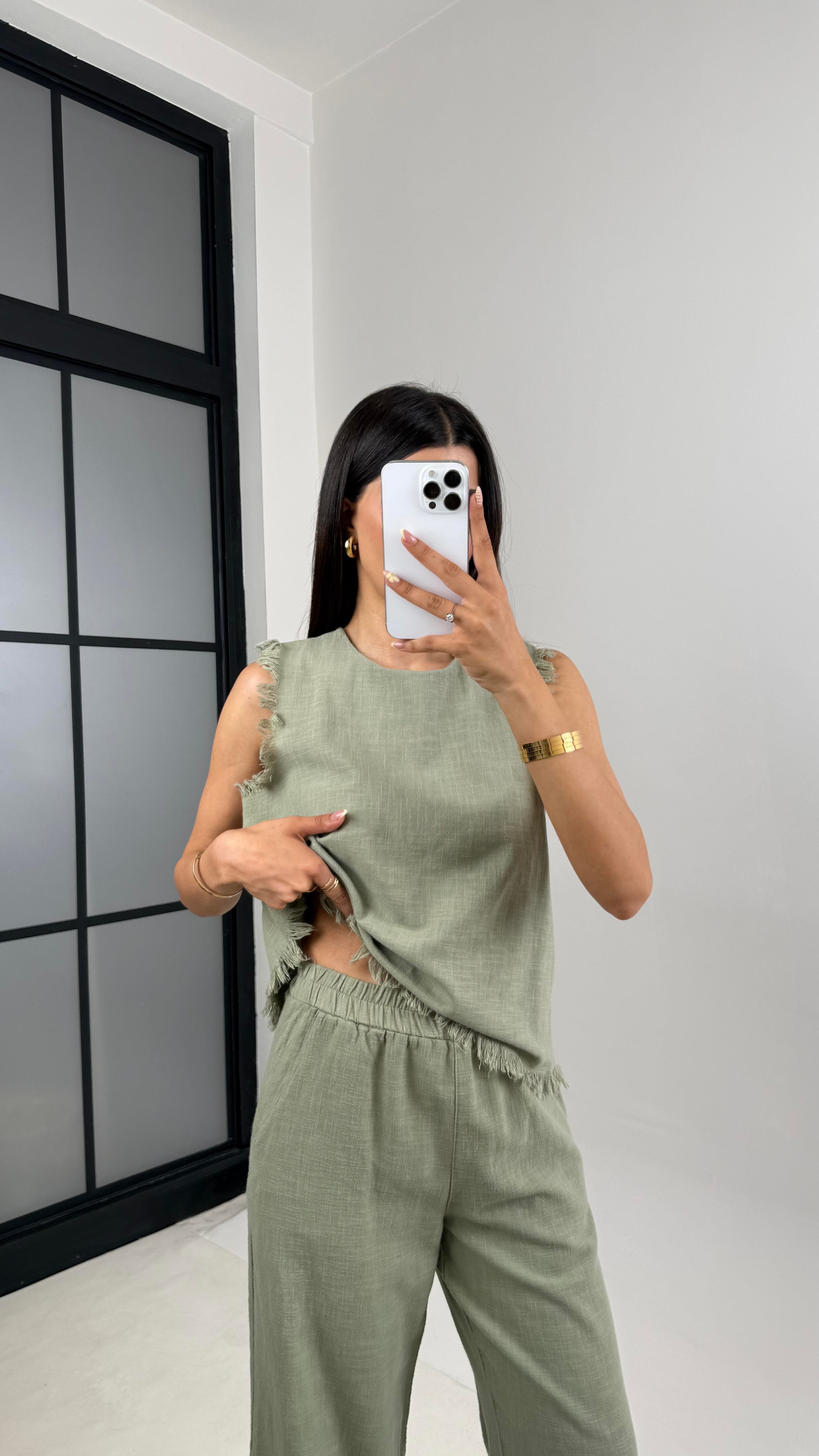 Yeşil Püskül Detaylı Bluz Beli Lastikli Cepli Pantolon Keten Takım Gaus00646 GausTAKIMGU1002502