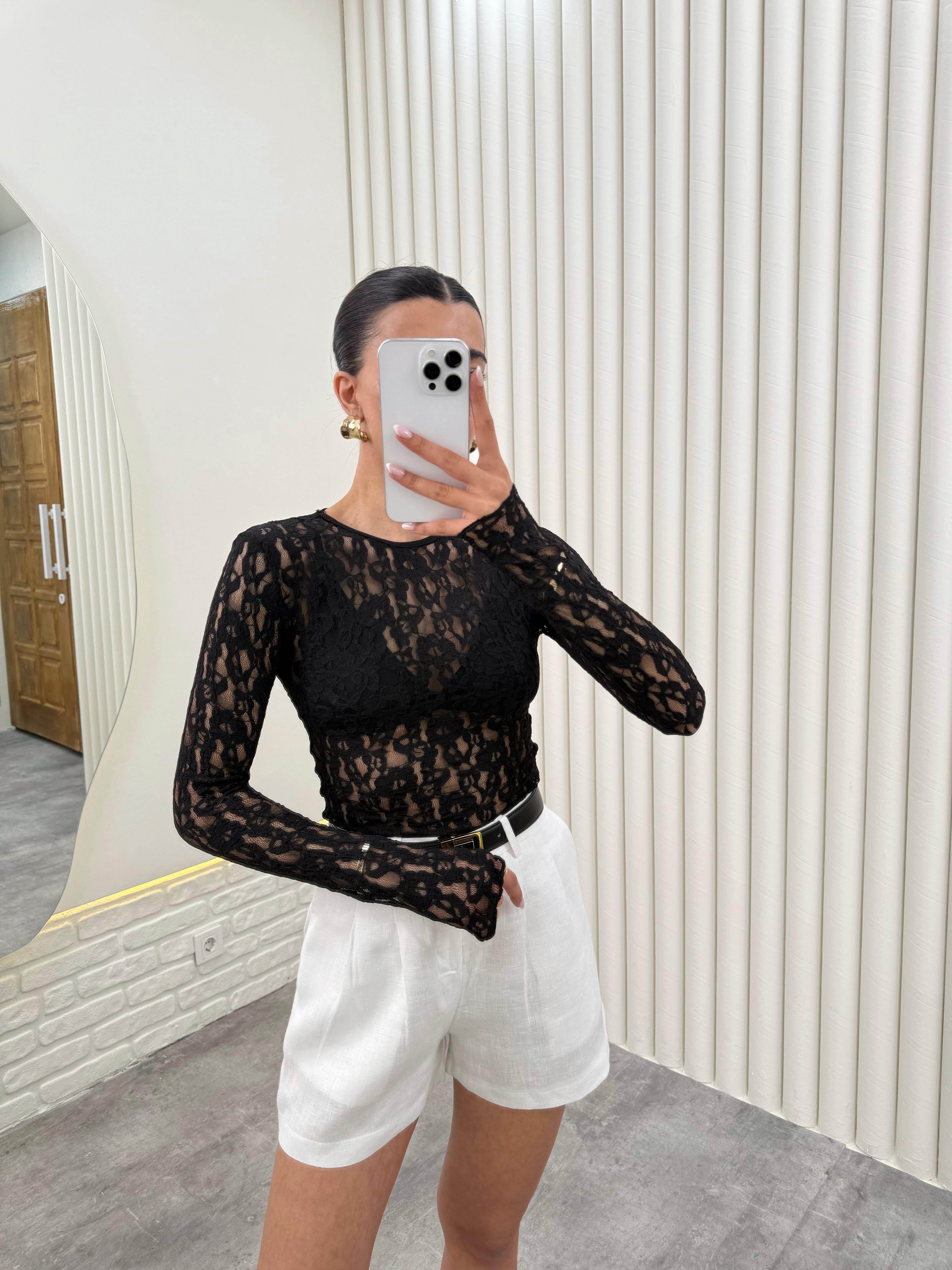 Siyah Uzun Kol Dantelli Transparan Bluz Gaus00287GausBLUZGU1001667