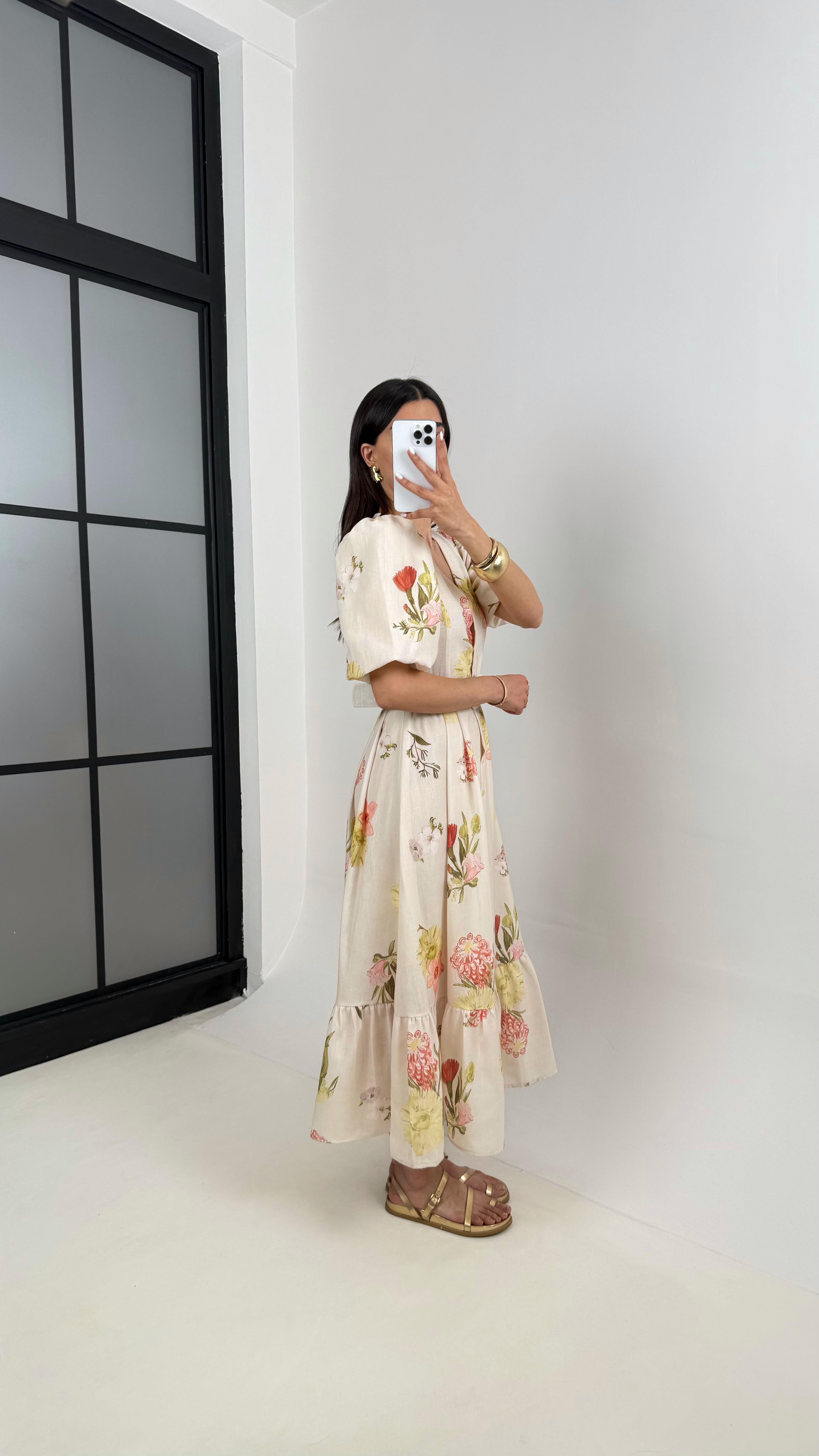 Taş V Yaka Turuncu Çiçek Desenli Balon Kol Kemerli Elbise Gaus00394GausELBİSEGU1001924