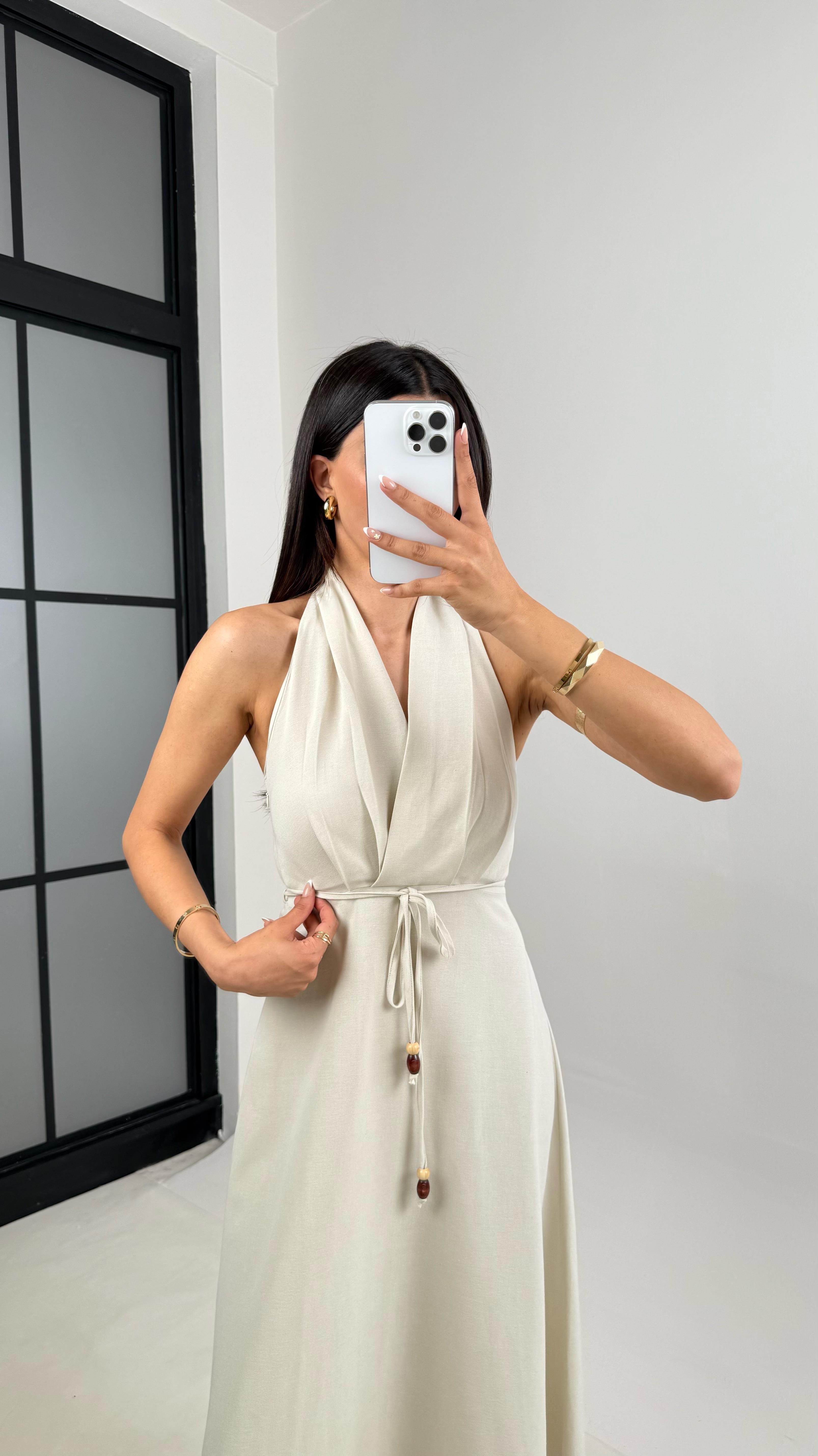 Taş V Yaka Kuşaklı Boyundan Askılı Keten Elbise Gaus00541GausELBİSEGU1002258