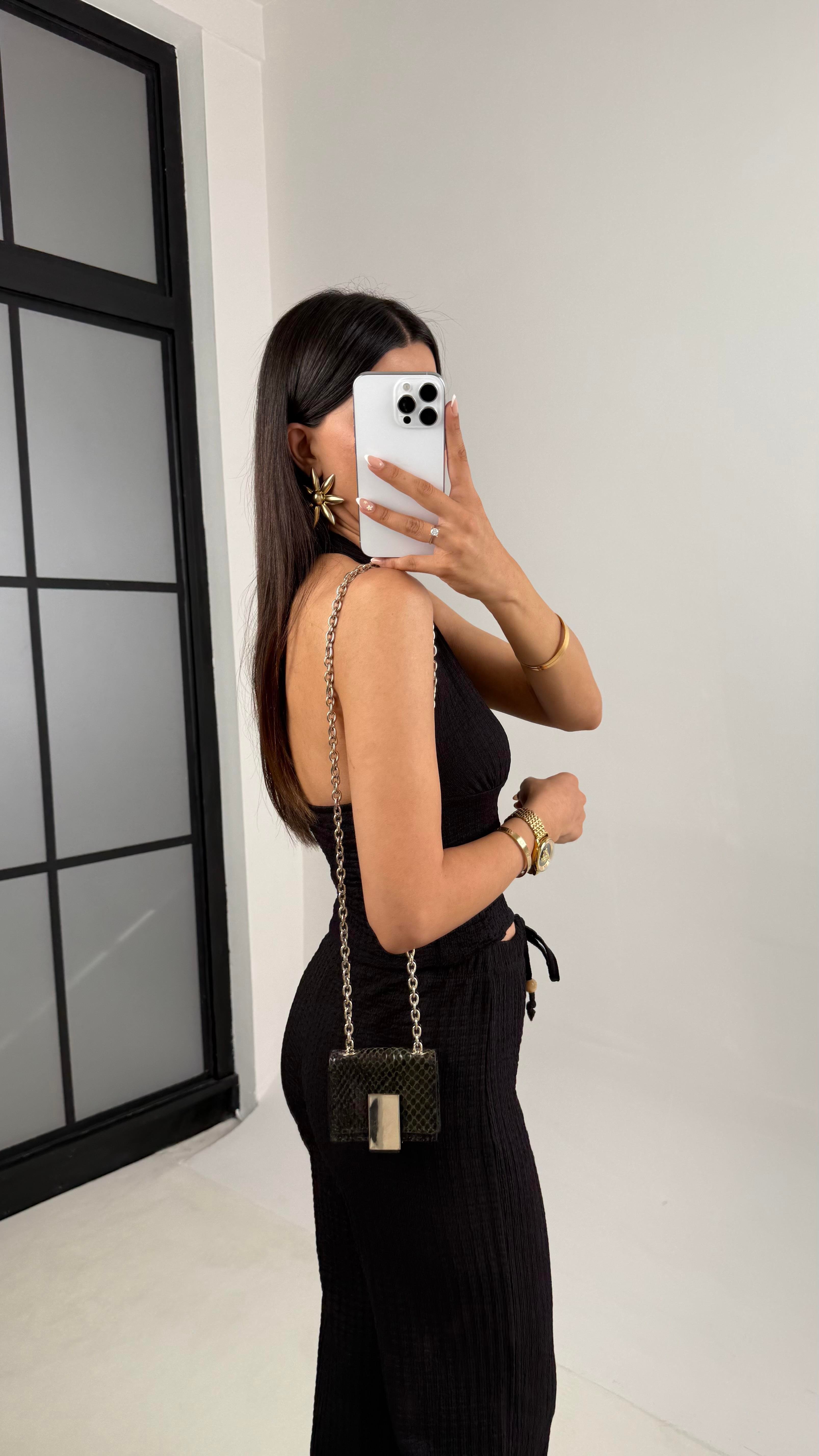 Siyah Boyundan Askılı Sırt Dekolteli Crop Beli Lastikli Pantolon İkili Bürümcük Takım Gaus00609GausTAKIMGU1002425