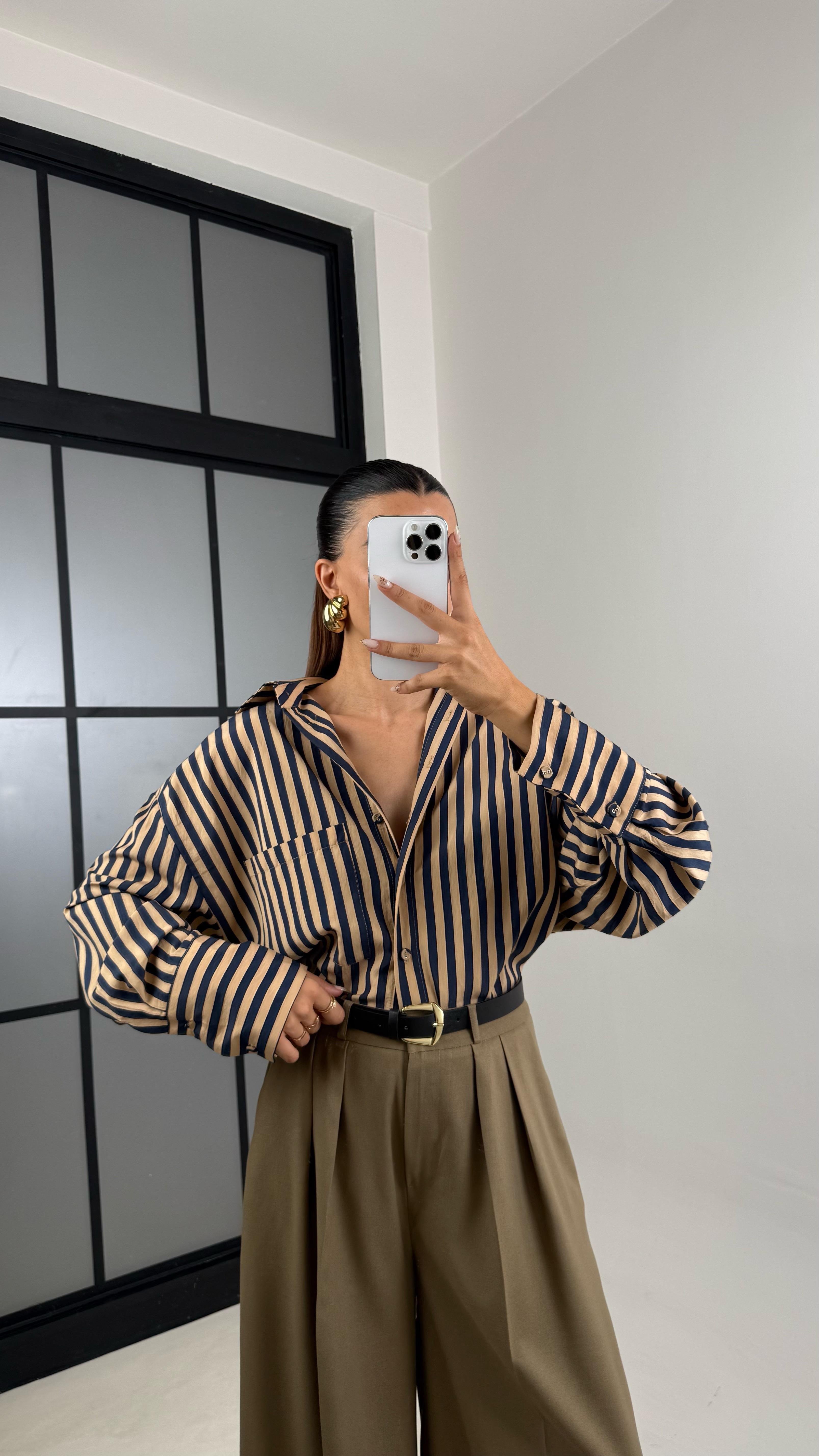 Camel Çizgili Premium Gömlek GAUS-00139GAUS القمصان GAUS-00139