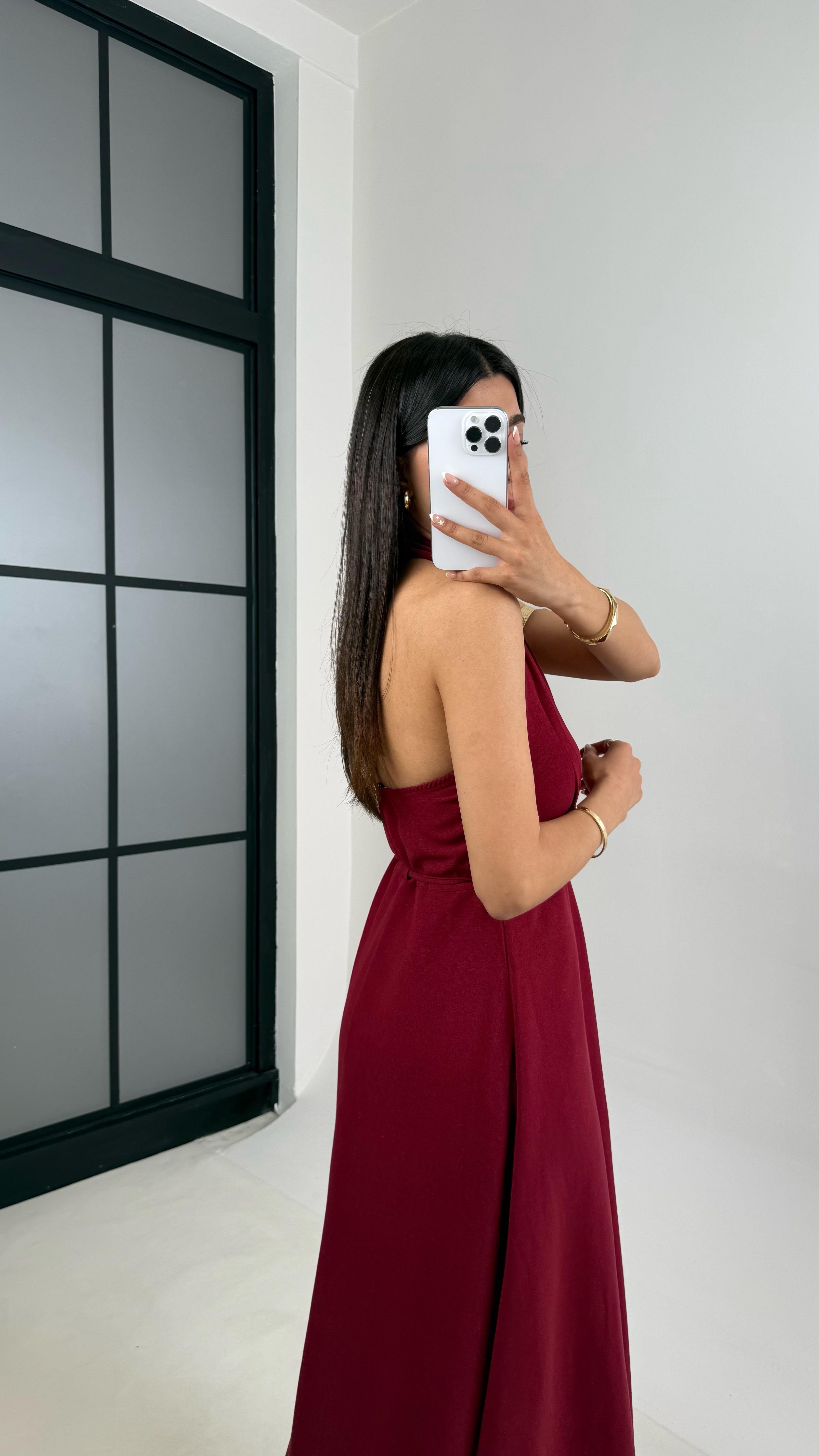 Bordo V Yaka Kuşaklı Boyundan Askılı Keten Elbise Gaus00541GausELBİSEGU1002260