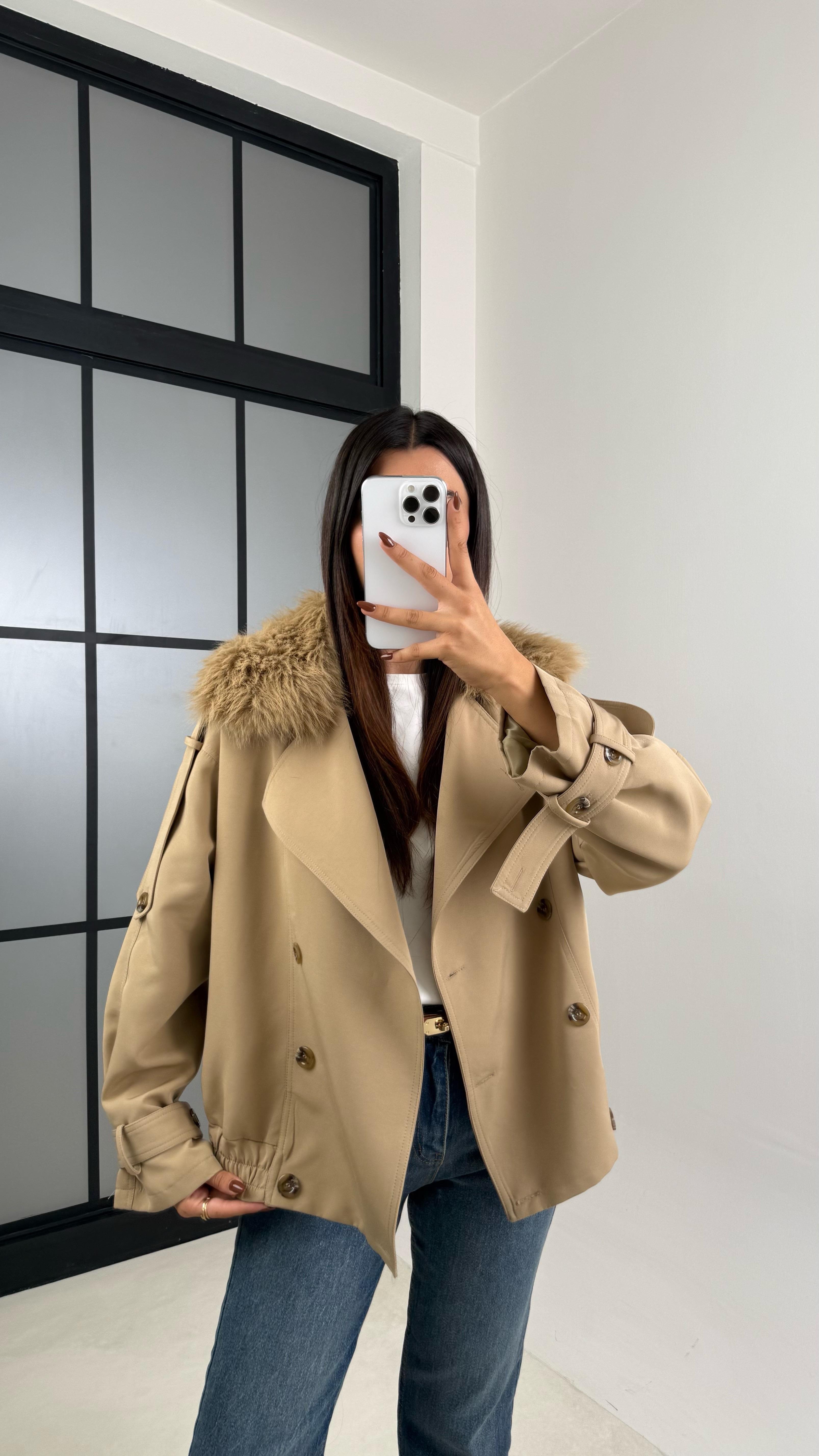 Vizon Kürk Detaylı Astarlı Premium Trençkot GAUS-00190GAUSمعاطف الترنشكوت GAUS-00190