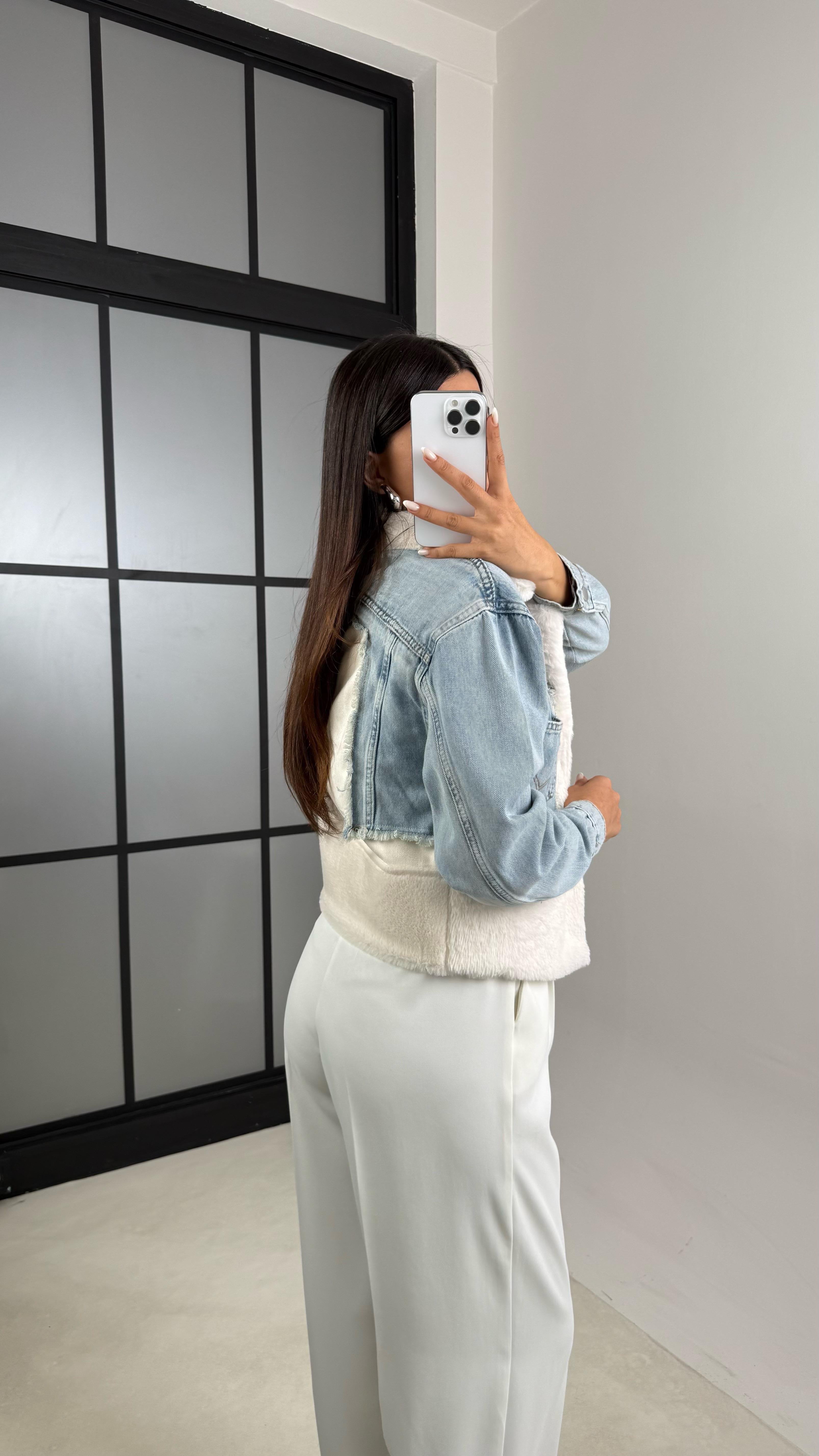 Ekru Denim Detaylı Peluş Ceket GAUS-00583GAUS السترات  GAUS-00583