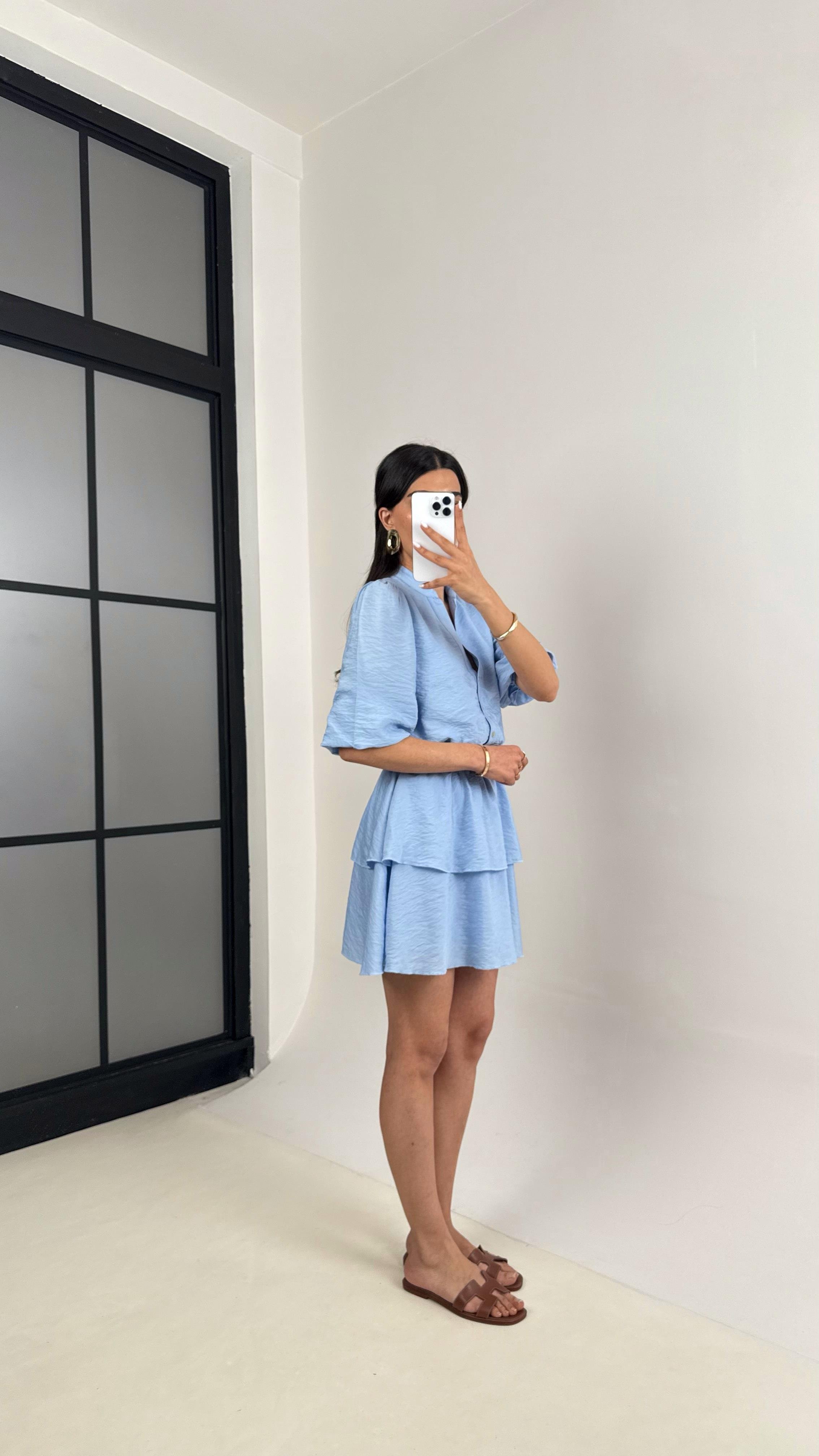 Mavi V Yaka Astarlı Kemerli Önü Düğmeli Tencel Elbise Gaus00450GausELBİSEGU1002050