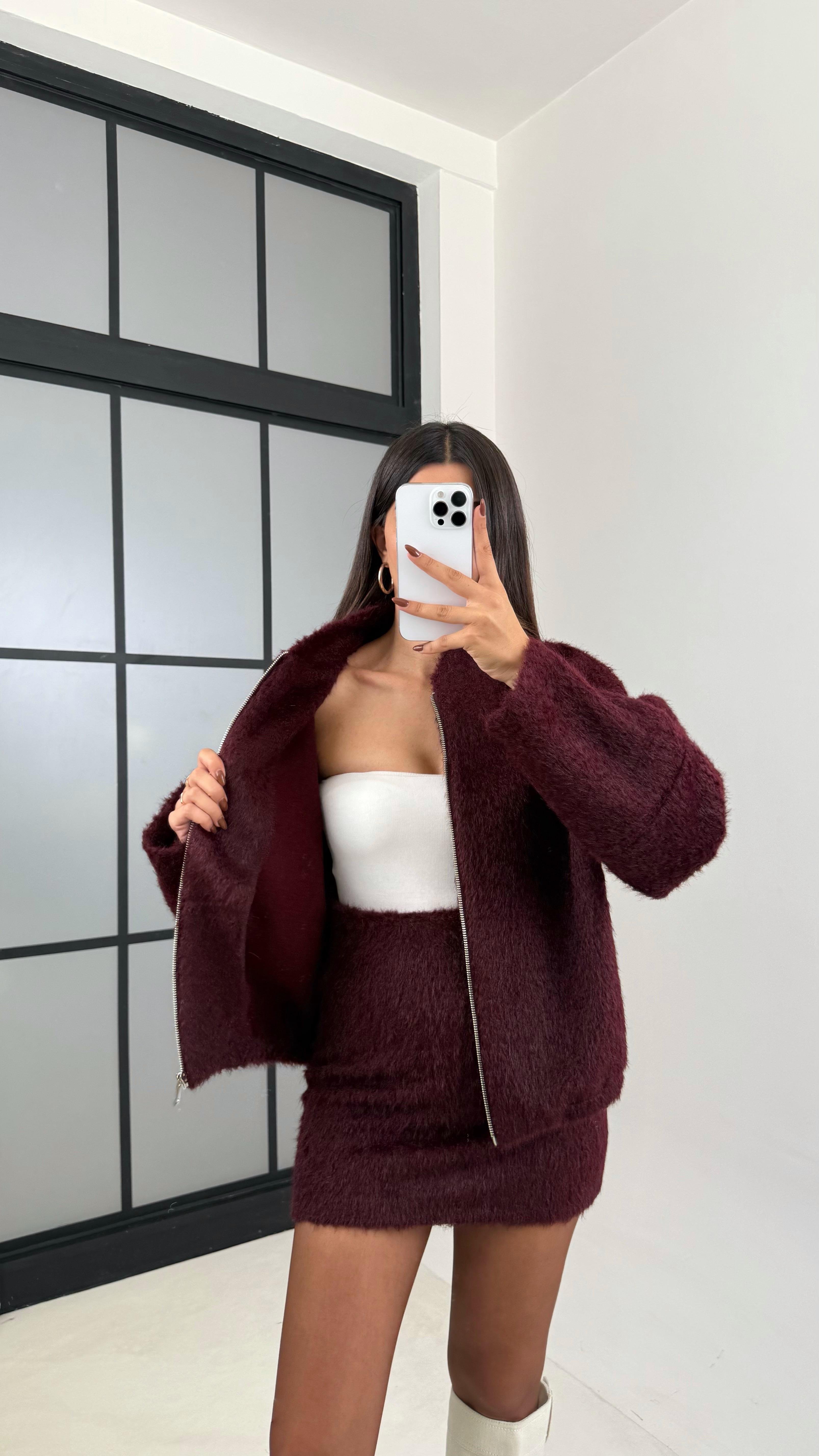 Bordo Ceket Etek Peluş Tüylü İkili Takım GAUS-00218GAUSTAKIMGAUS-00218