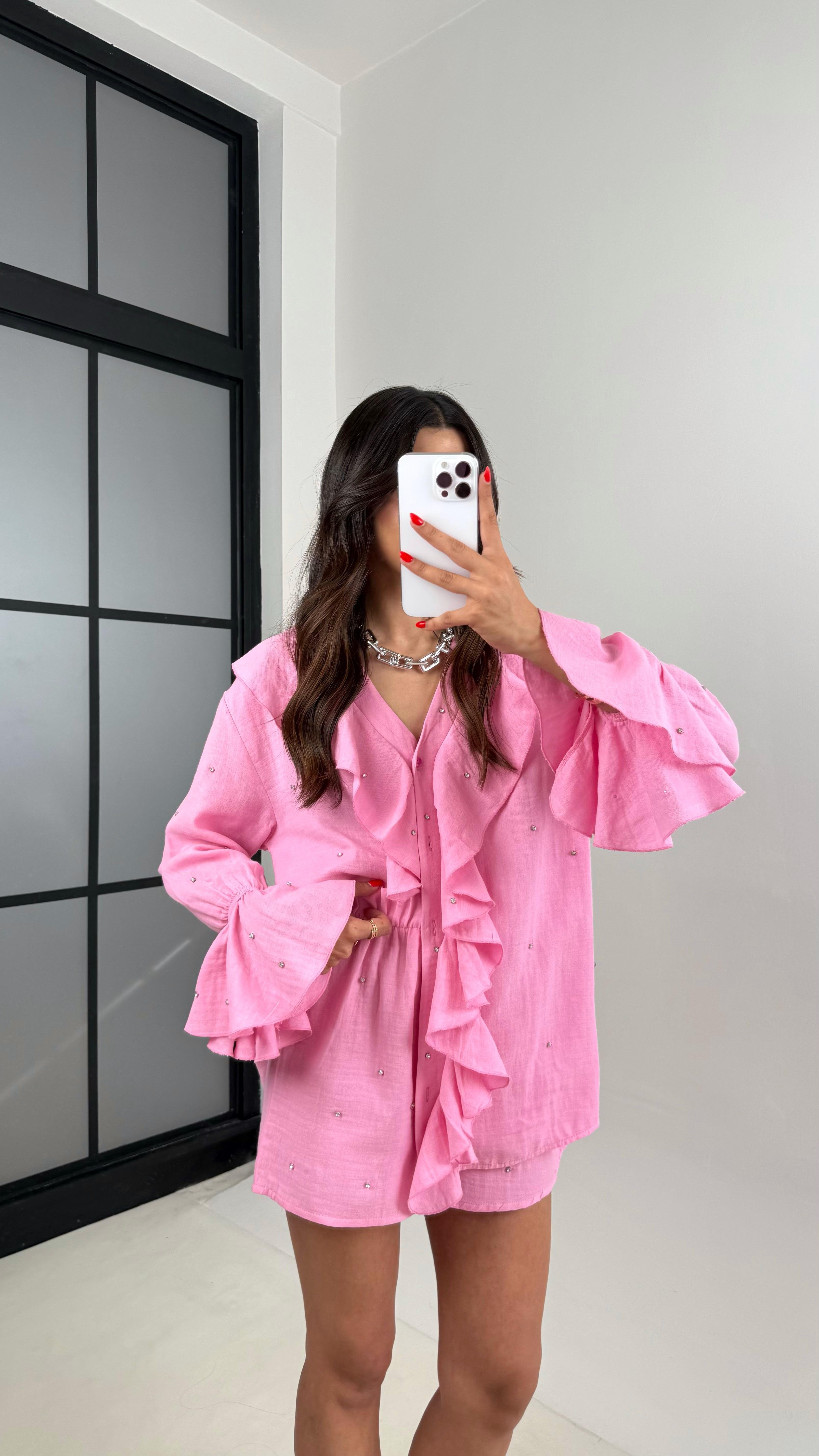 Pembe Yaka Fırfırlı Taş Detaylı Gömlek Şortlu Müslin Takım Gaus00511GausTAKIMGU1002202