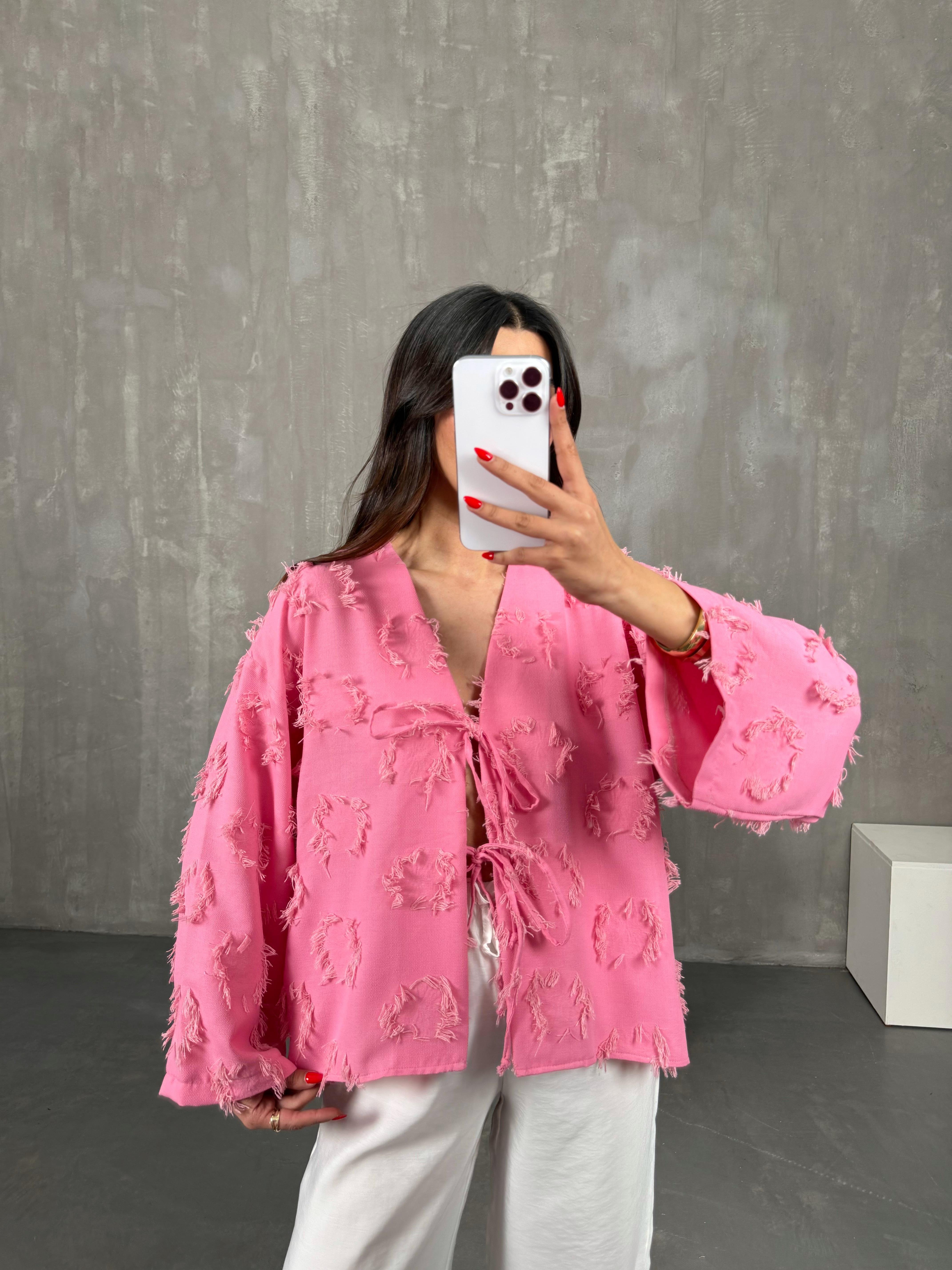 Zenit Pembe Püskül Detaylı Bağlamalı Keten GömlekGausGÖMLEKGU1001475