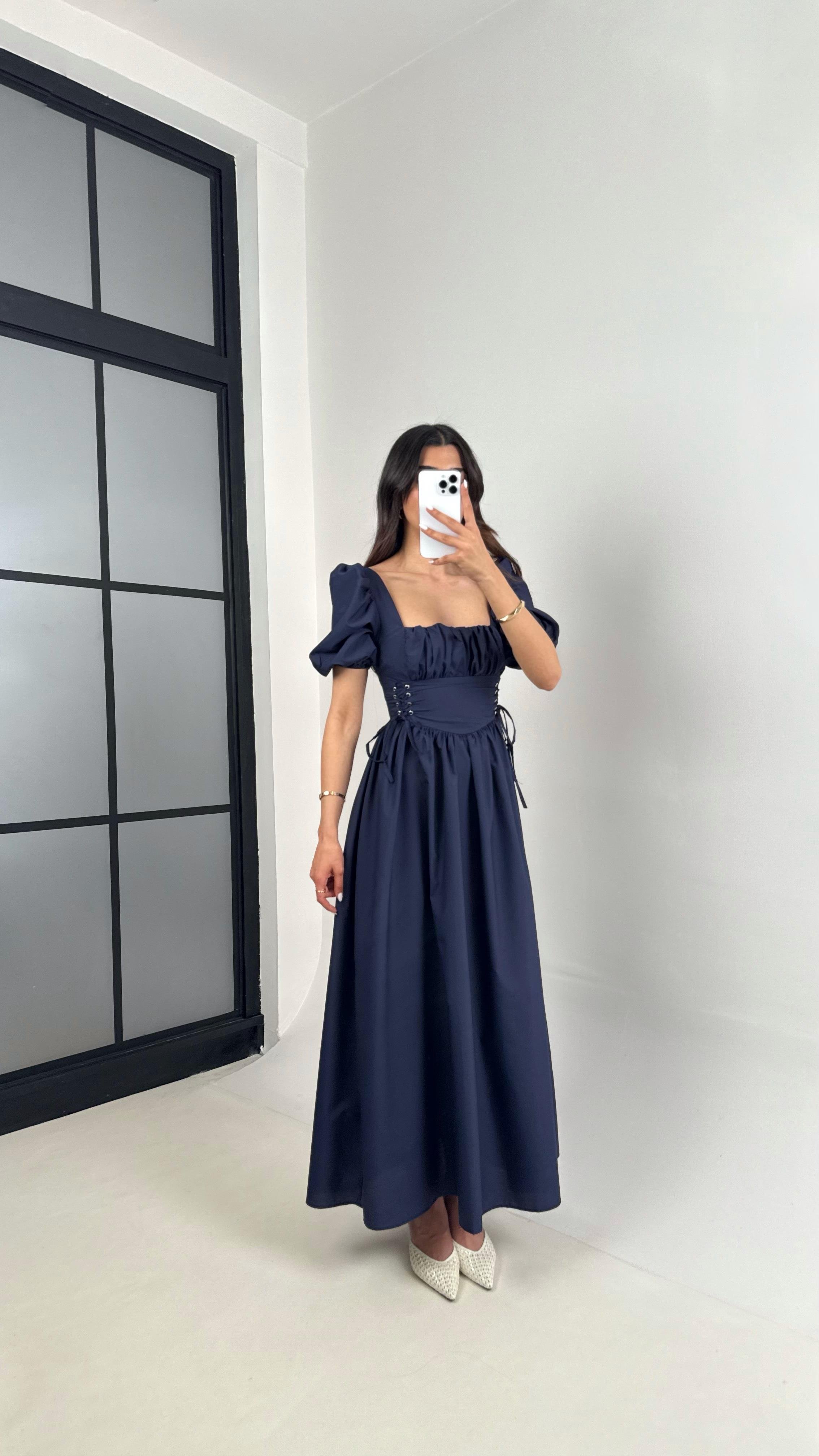 Lacivert Balon Kol Önü Büzgülü İthal Kumaş Elbise Gaus00425GausELBİSEGU1001990