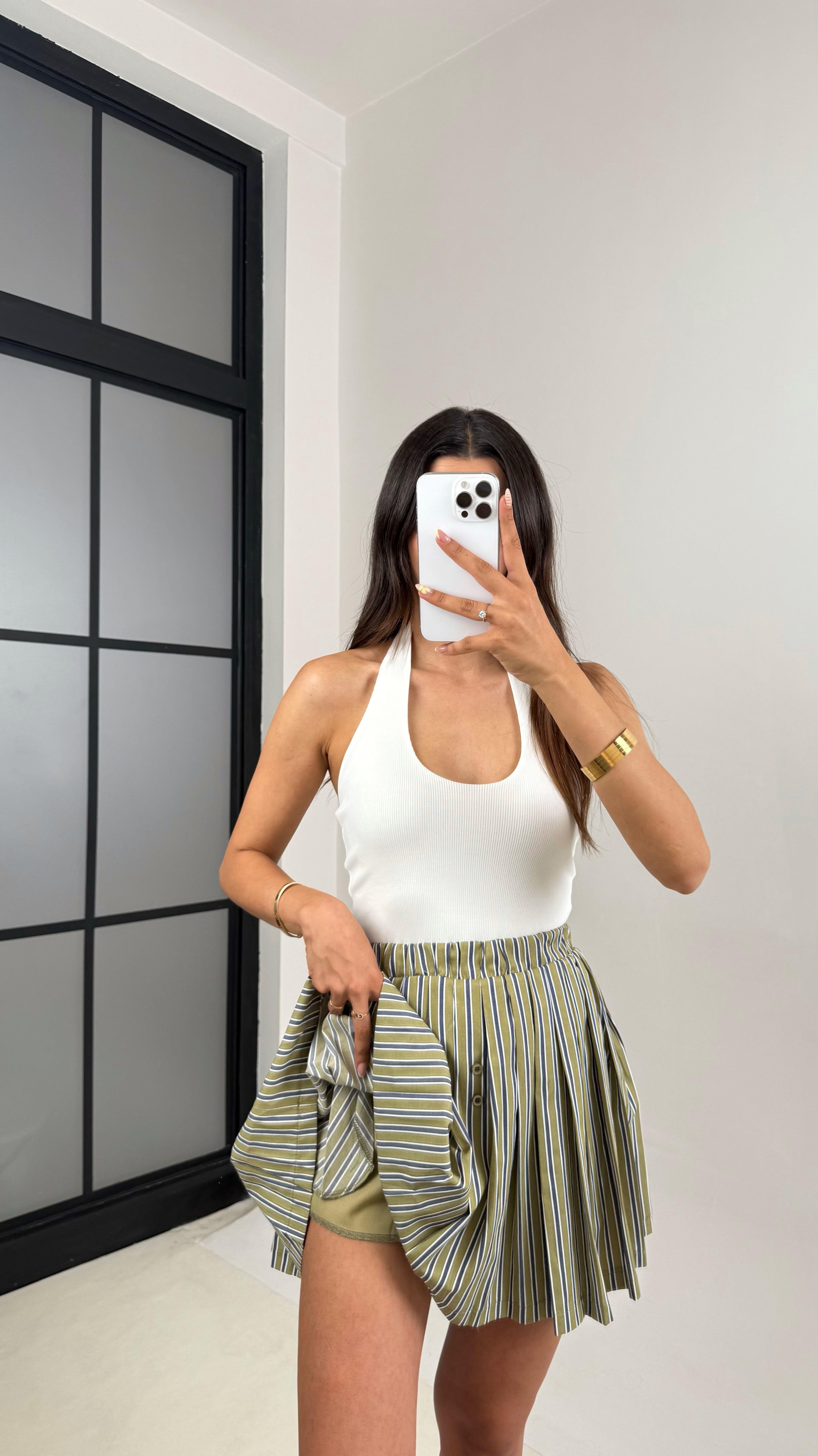 Yeşil Antrasit Şeritli Pileli Şort Etek Gaus00650GausETEKGU1002511