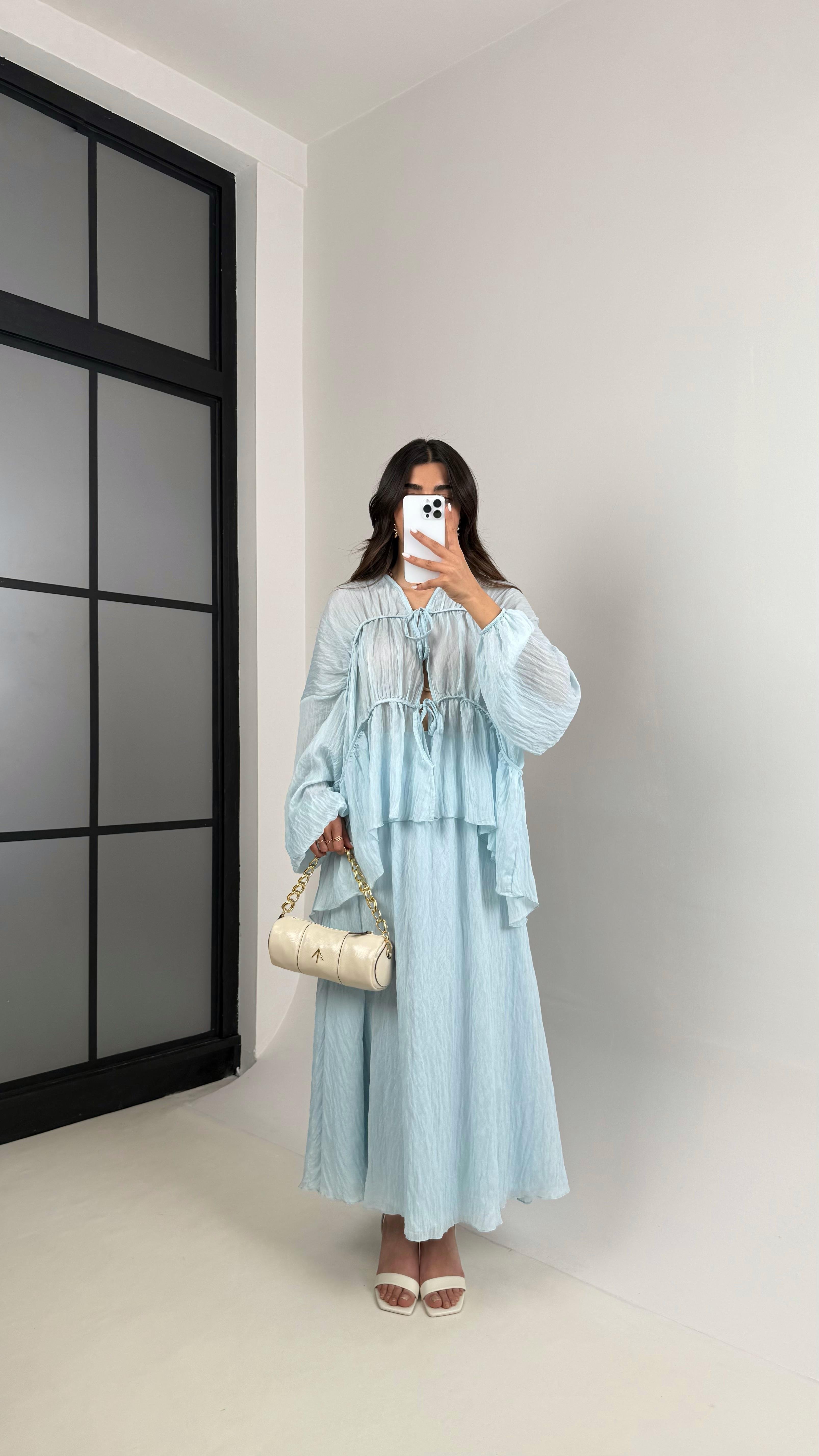 Mavi Gipeli Önden Bağlamalı Üst Astarlı Etek İkili Kırışık Kumaş Takım Gaus00426GausTAKIMGU1001994