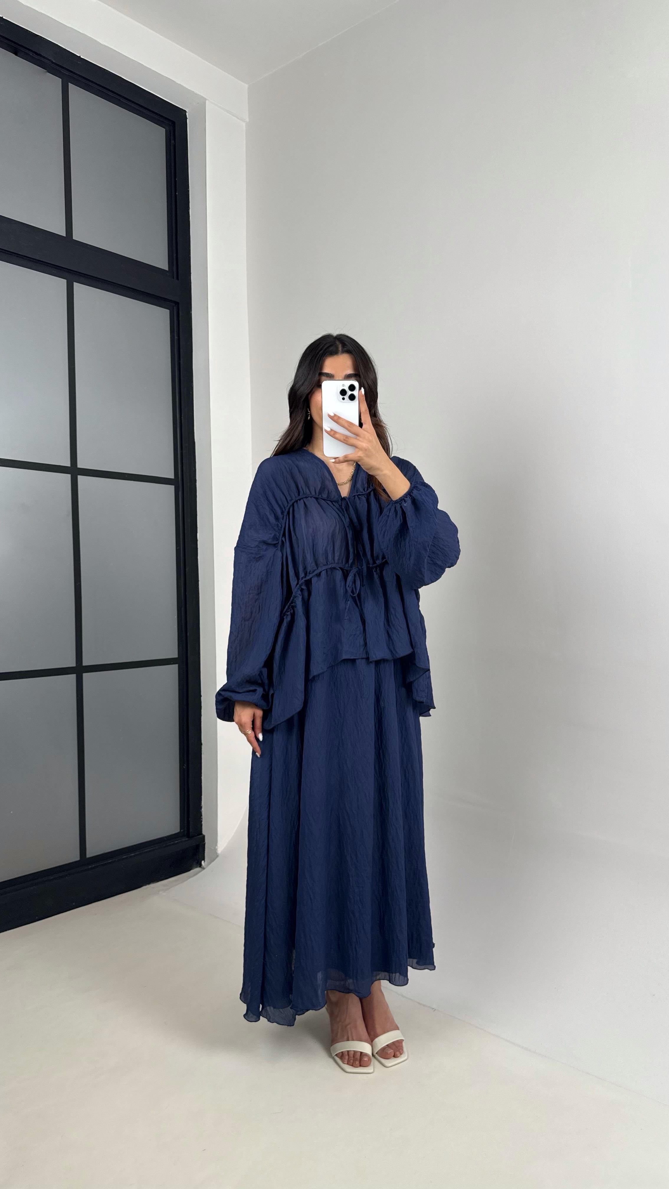 Lacivert Gipeli Önden Bağlamalı Üst Astarlı Etek İkili Kırışık Kumaş Takım Gaus00426GausTAKIMGU1001996