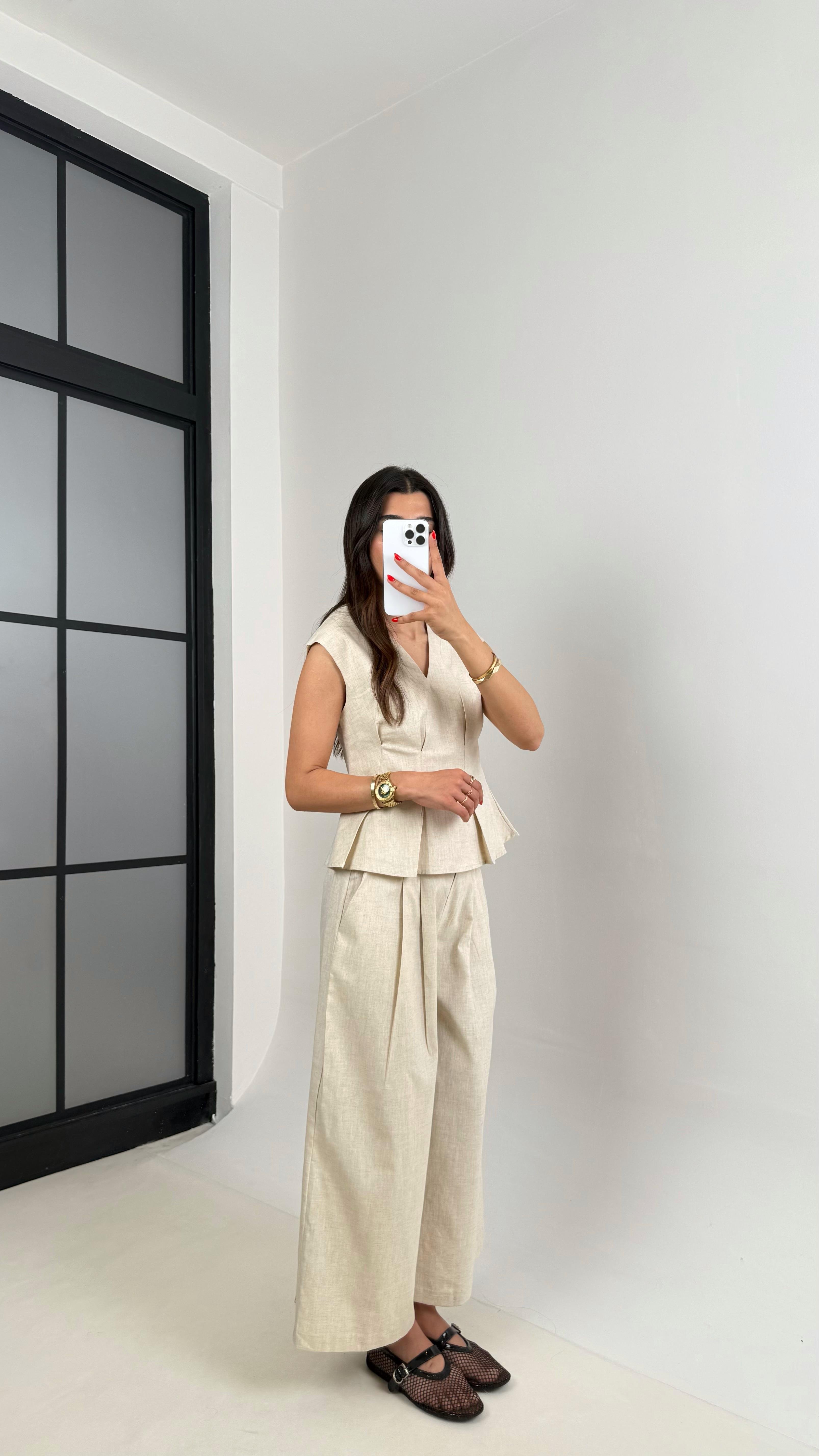 Taş V Yaka Bluz Cepli Pantolon % 100 Ham Keten Takım Gaus00483 GausTAKIMGU1002131