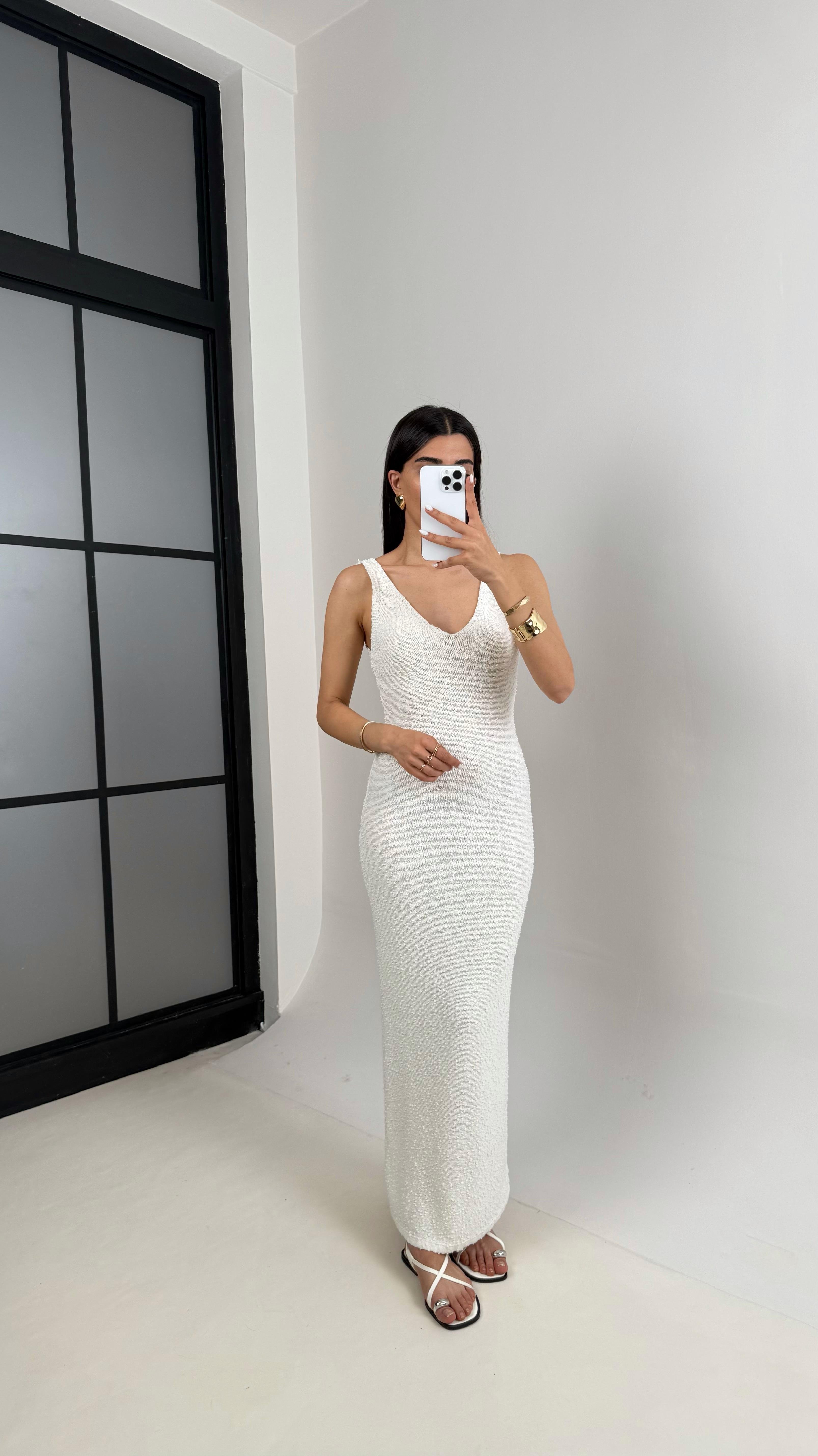 Beyaz V Yaka Askılı Triko Elbise Gaus00412GausELBİSEGU1001962