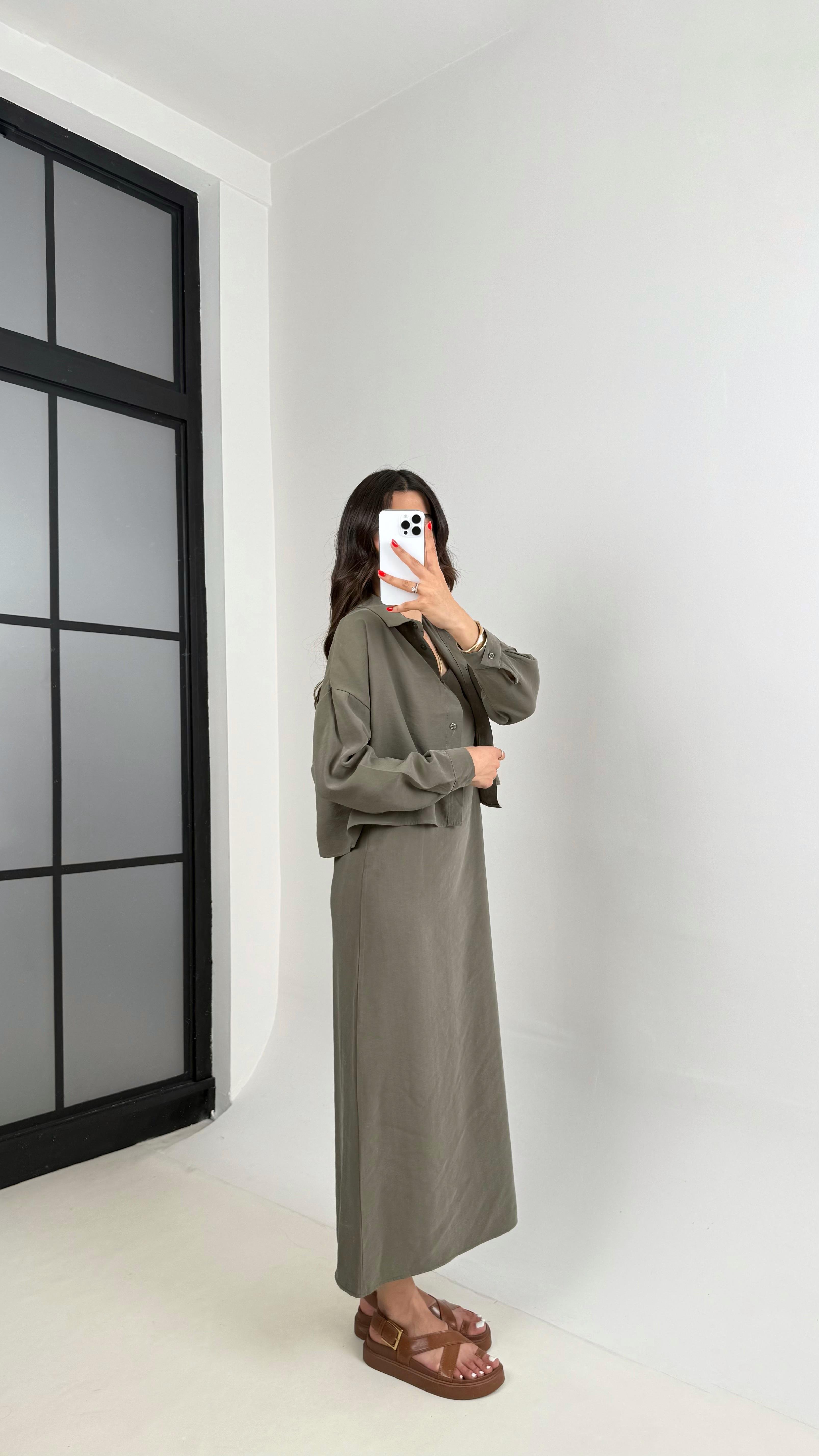 Haki Ayarlanabilir Askılı Elbise Gömlek İkili Tensel Takım Gaus00467GausTAKIMGU1002094