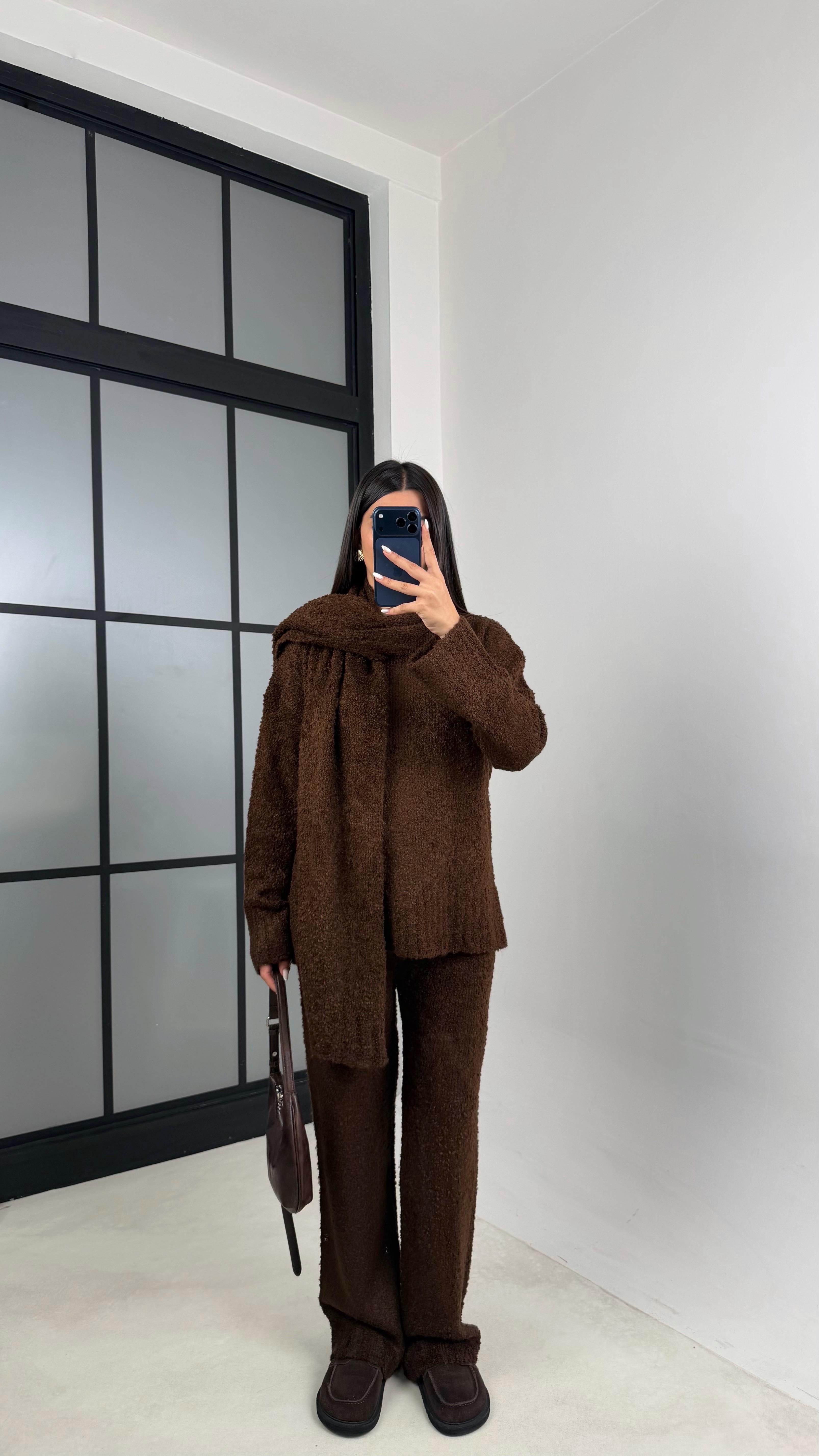 Kahve Atkı Detaylı Kazak Beli Lastikli Pantolon 3'Lü Yumuşak Dokulu Triko Takım GAUS-00654GAUSTAKIMGAUS-00654