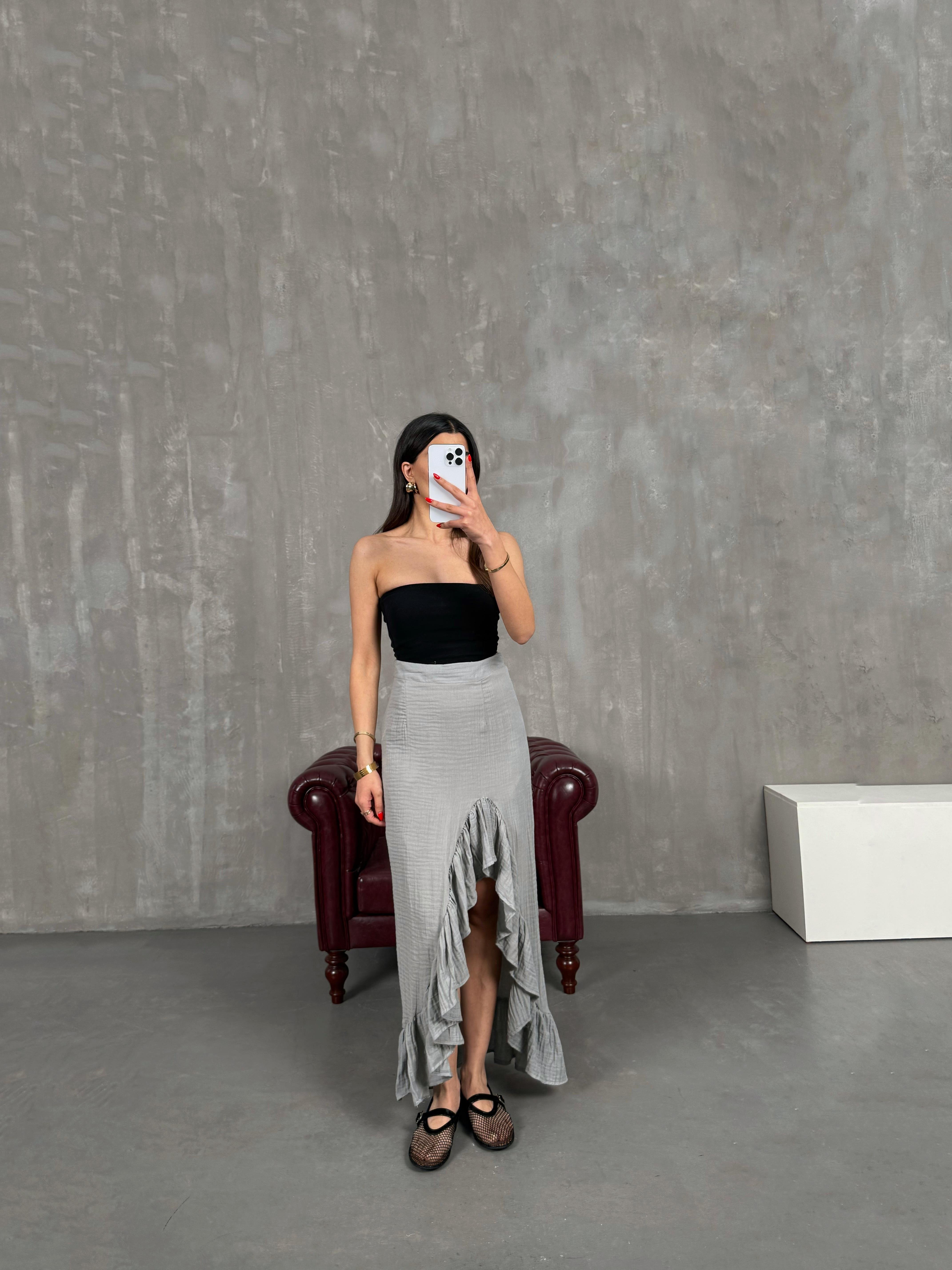 Gri Önü Volan Yırtmaçlı Müslin Etek Gaus00186GausETEKGU1001430