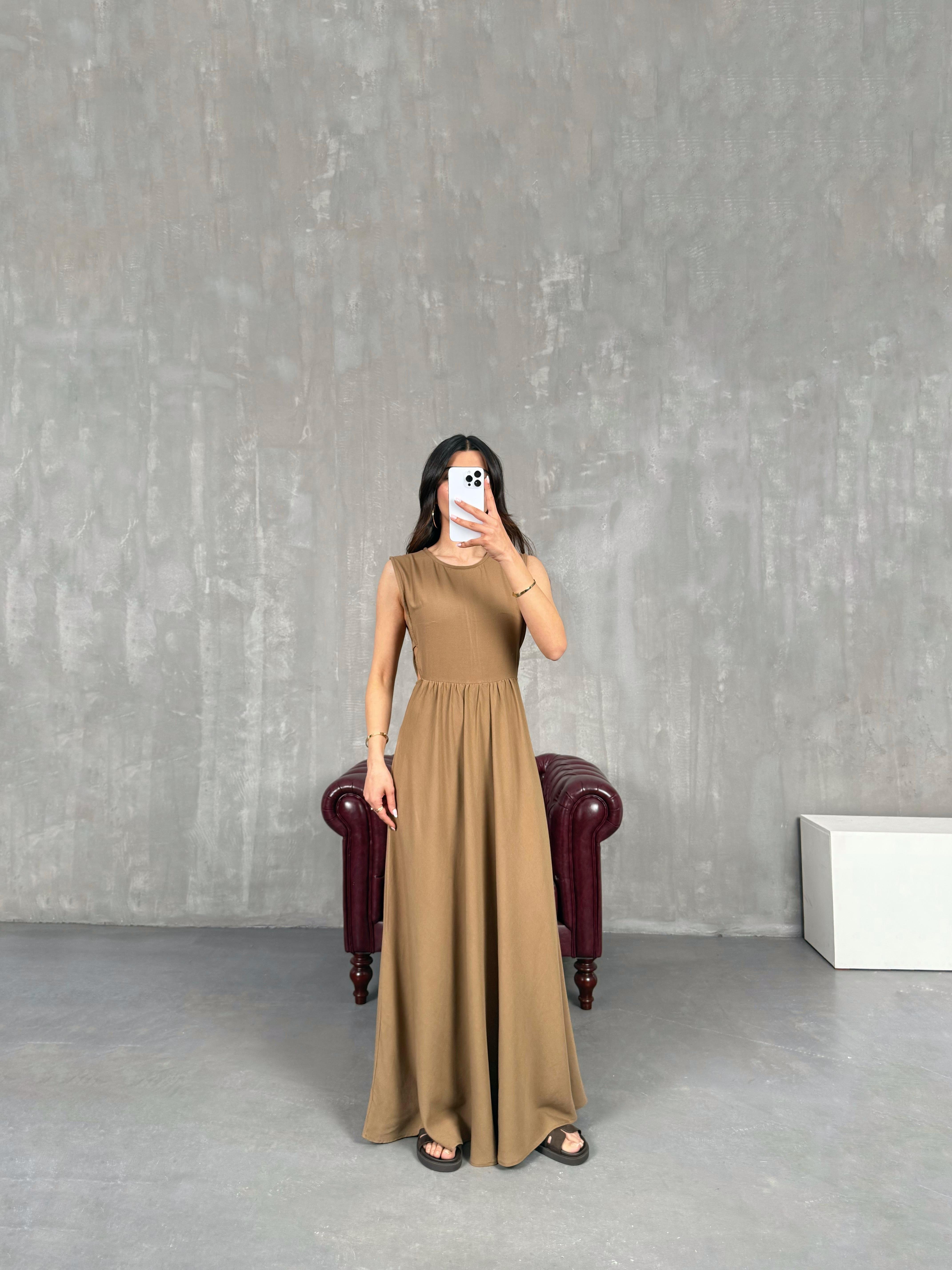 Kahve Yan Dekolteli Keten Elbise Gaus00255GausELBİSEGU1001593
