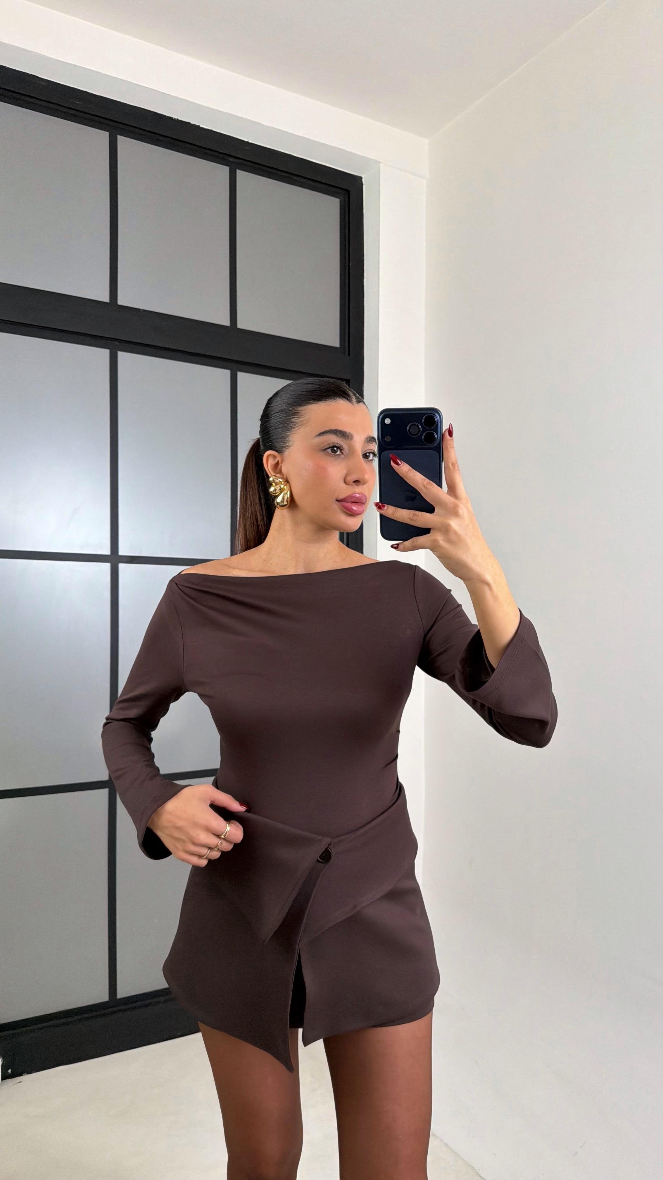 Acı Kahve Mini Elbise Etekli İkili Takım GAUS-00717GAUSTAKIMGAUS-00717