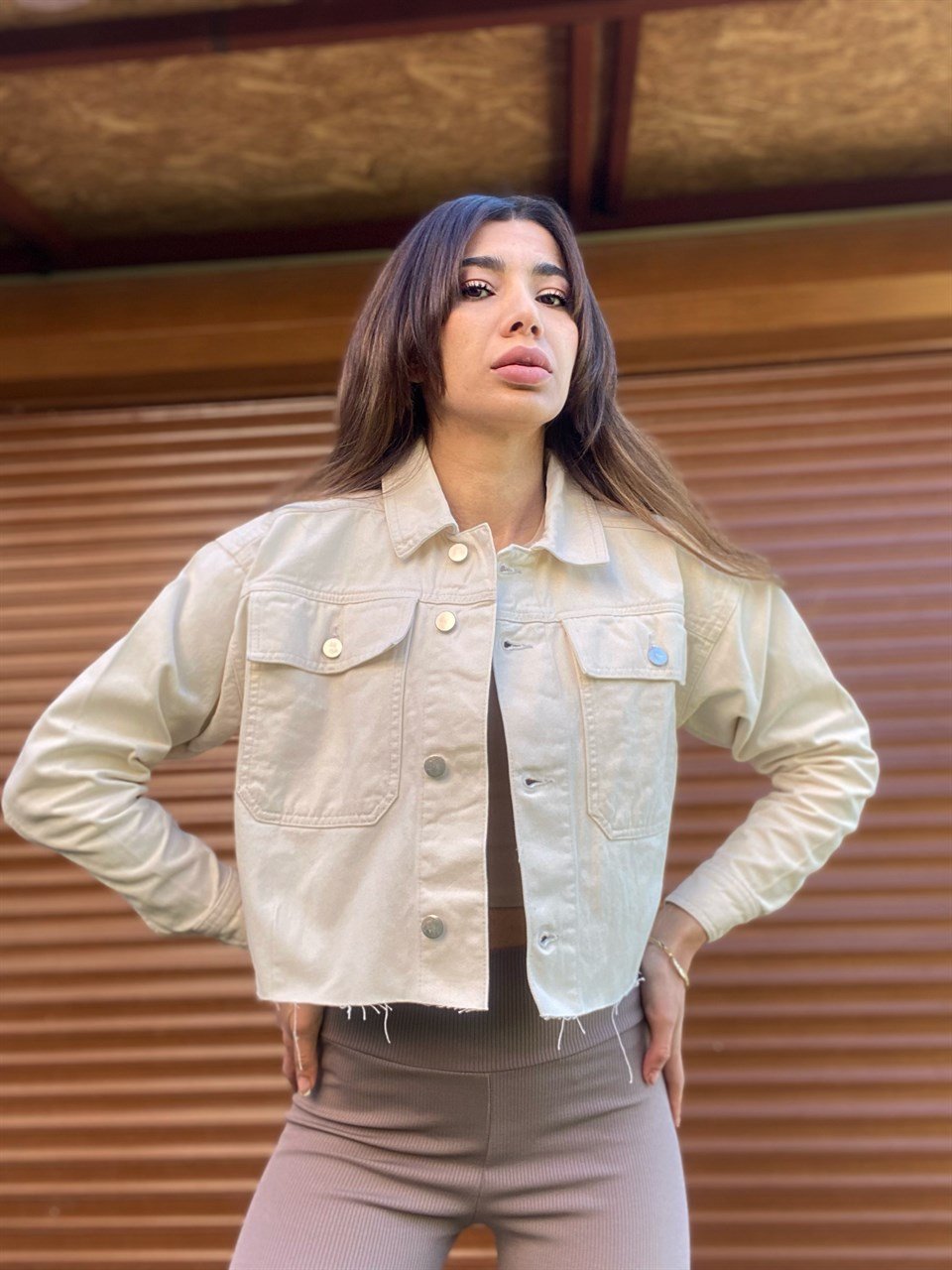 Orijinal Marka Ekru Denim CeketGausCEKETGU00123
