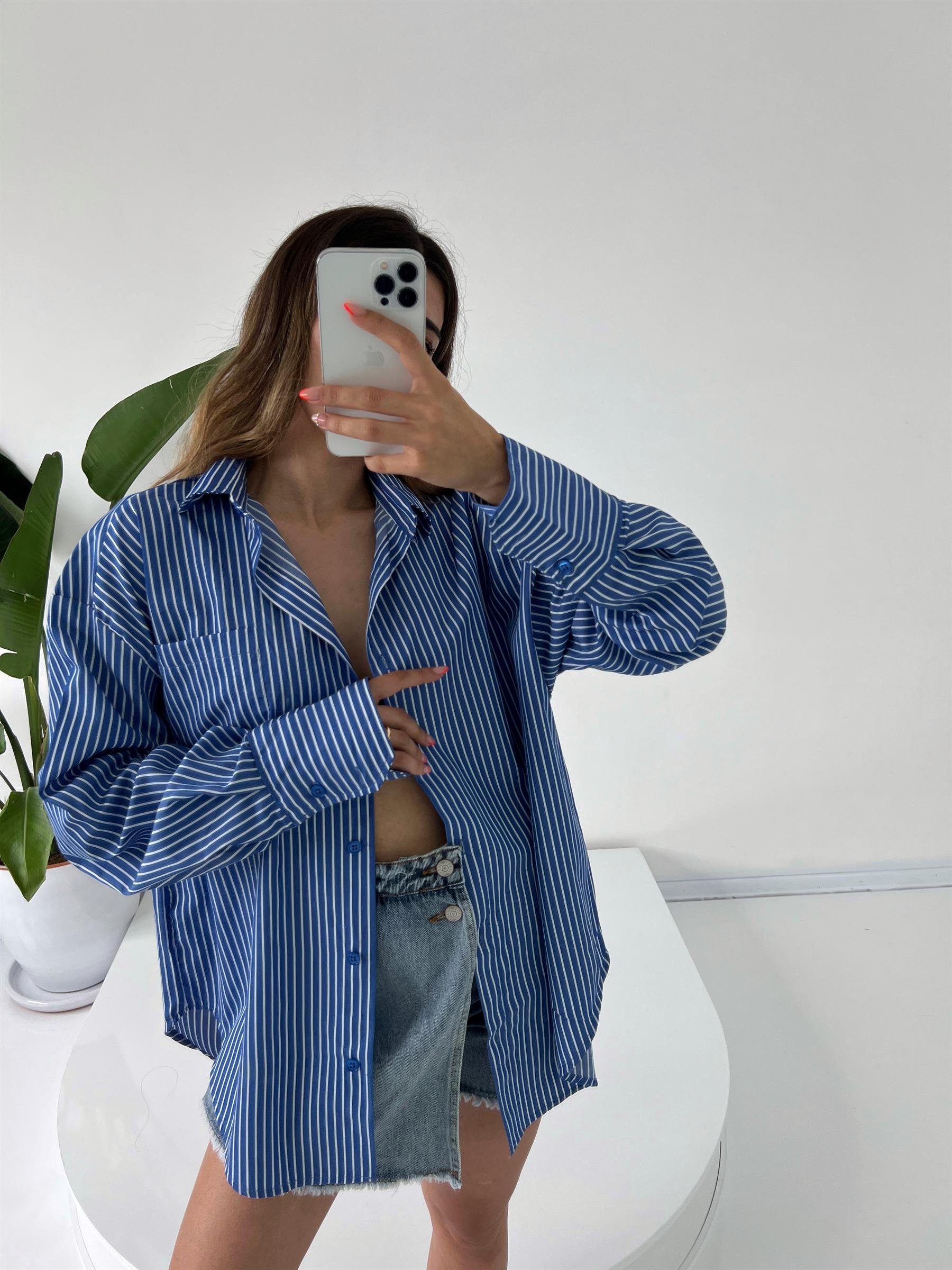 Premium Mavi Çizgili Oversize Gömlek GausGÖMLEKGU001369