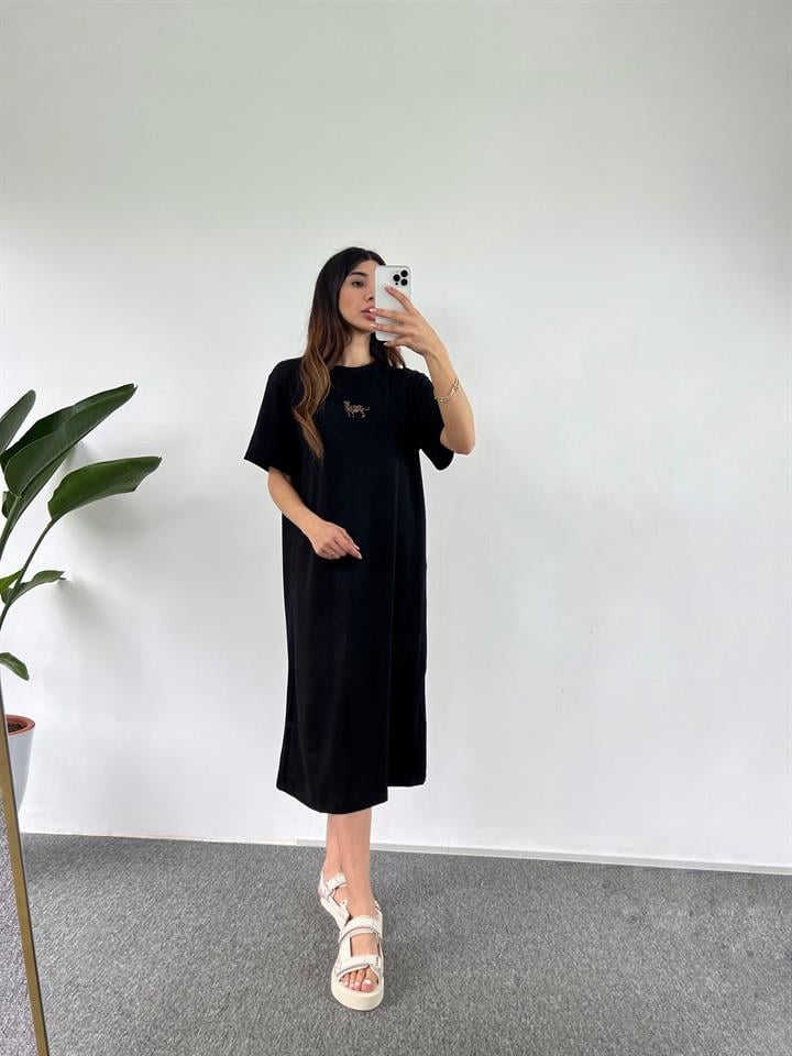 Siyah Kaplan Desenli Uzun Basic Elbise GausELBİSEGU001068