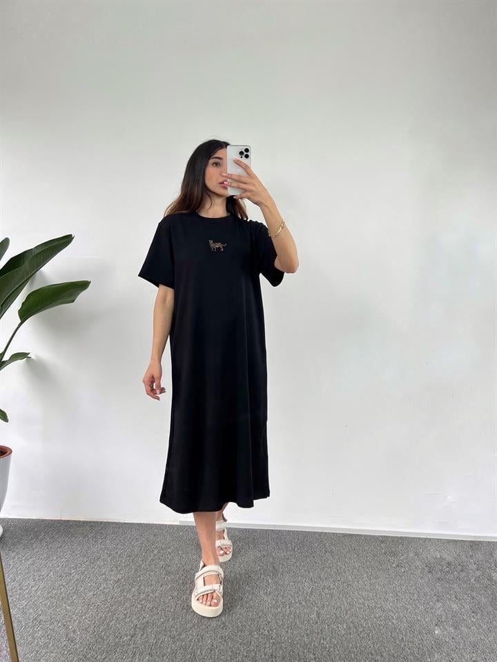 Siyah Kaplan Desenli Uzun Basic Elbise GausELBİSEGU001068