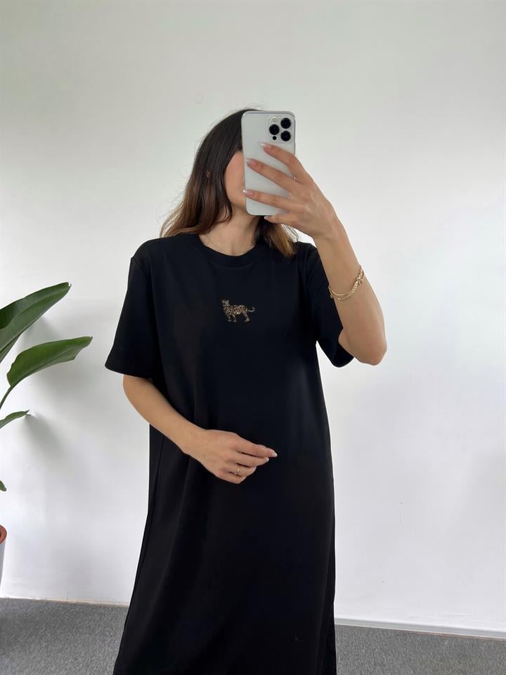 Siyah Kaplan Desenli Uzun Basic Elbise GausELBİSEGU001068