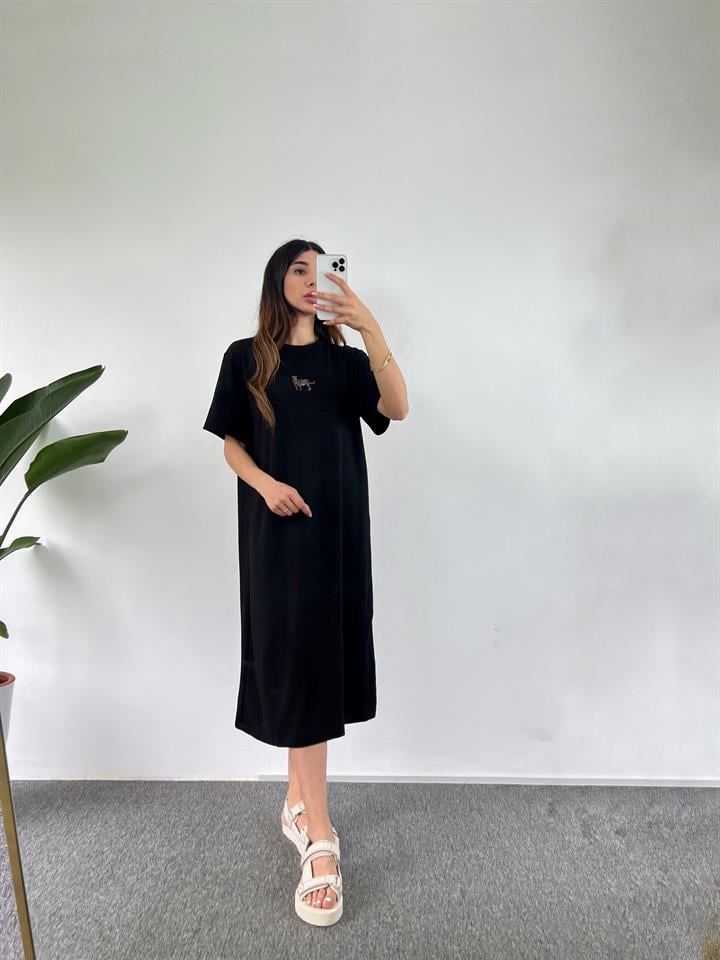 Siyah Kaplan Desenli Uzun Basic Elbise GausELBİSEGU001068