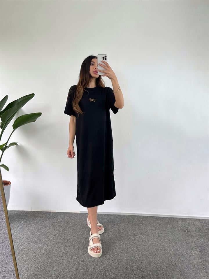 Siyah Kaplan Desenli Uzun Basic Elbise GausELBİSEGU001068