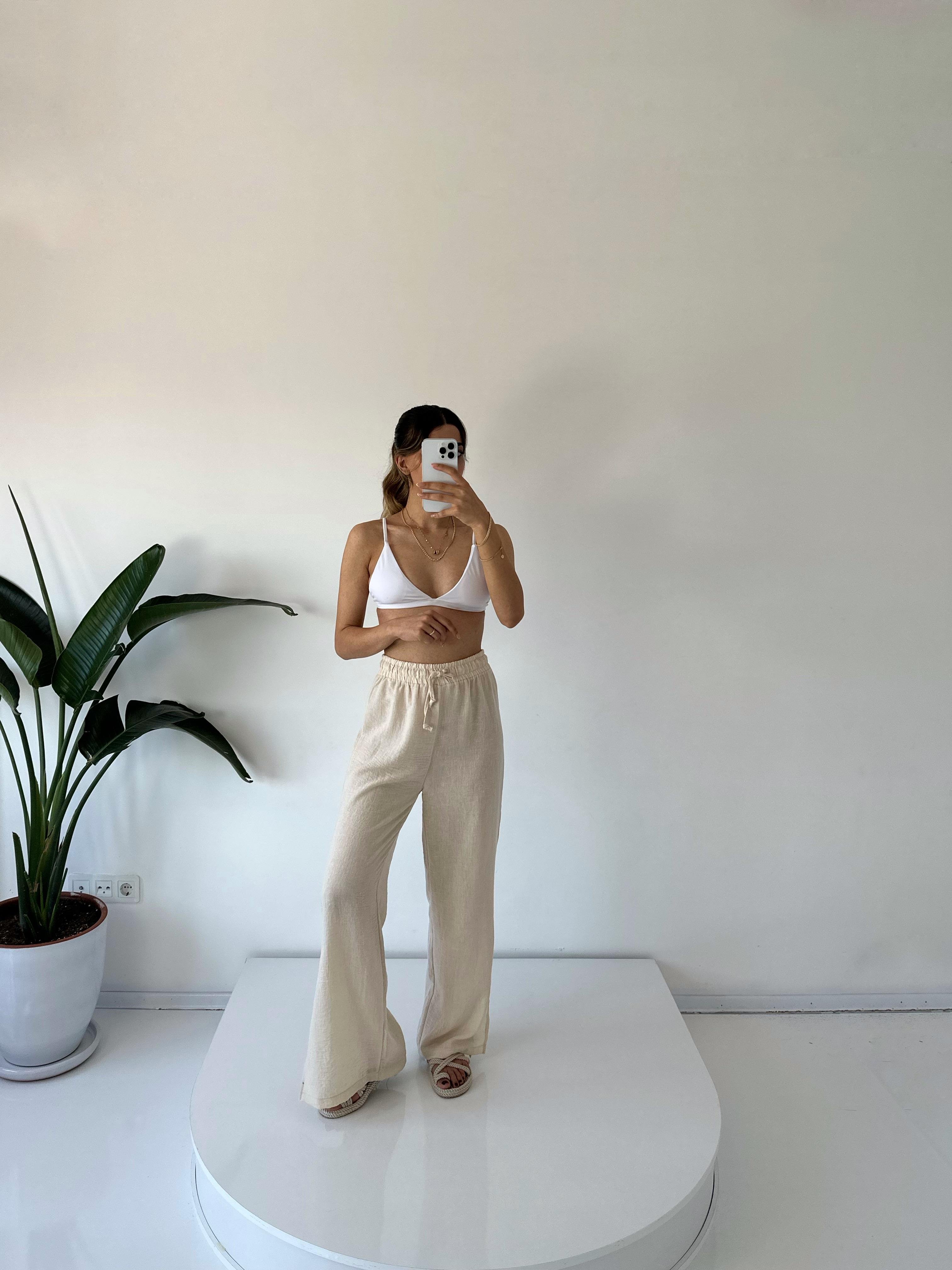 Violeta Taş Yırtmaçlı Keten PantolonGausPANTOLONGU001647
