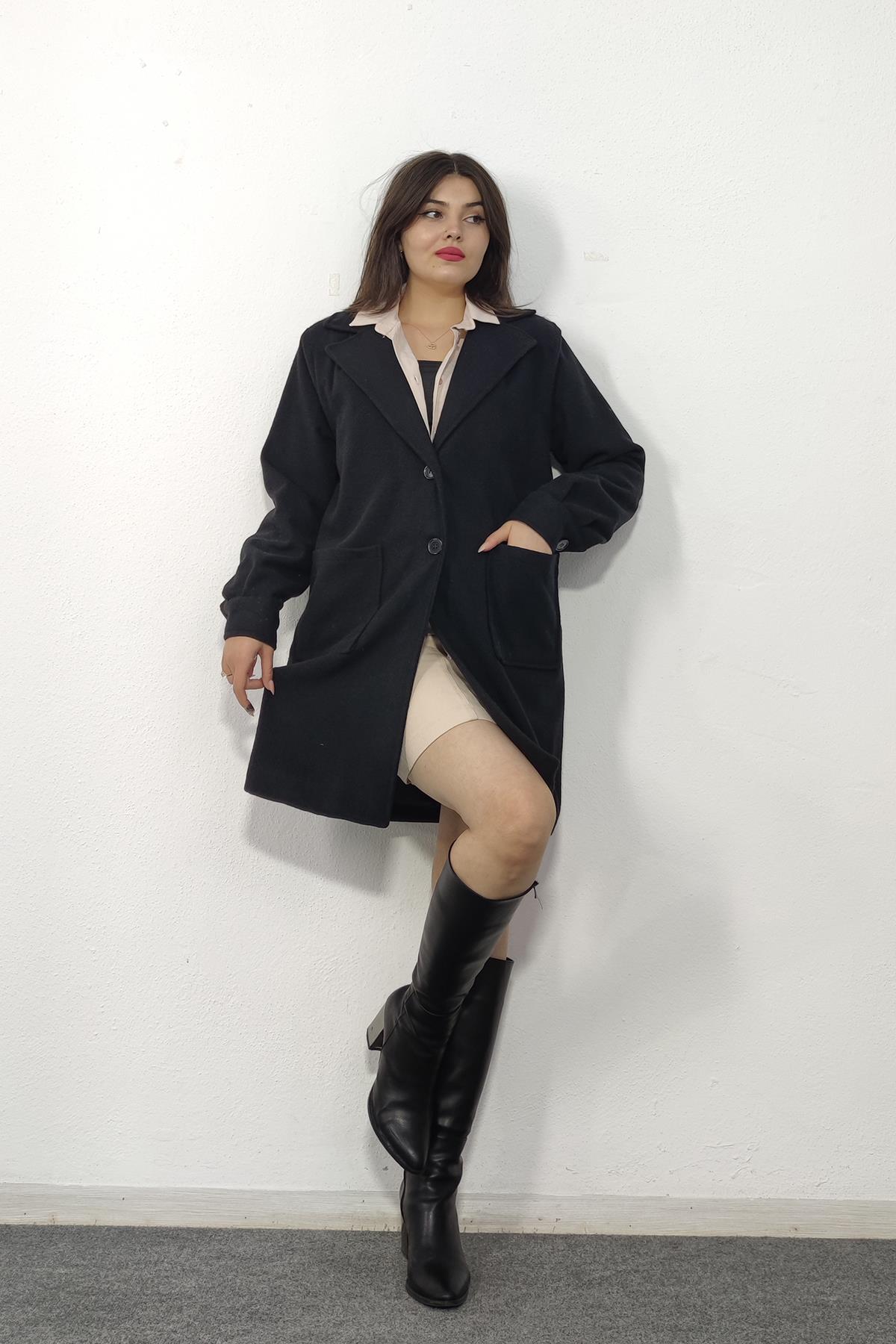 2544 Düğmeli Oversize Cepli Kaşe Kaban