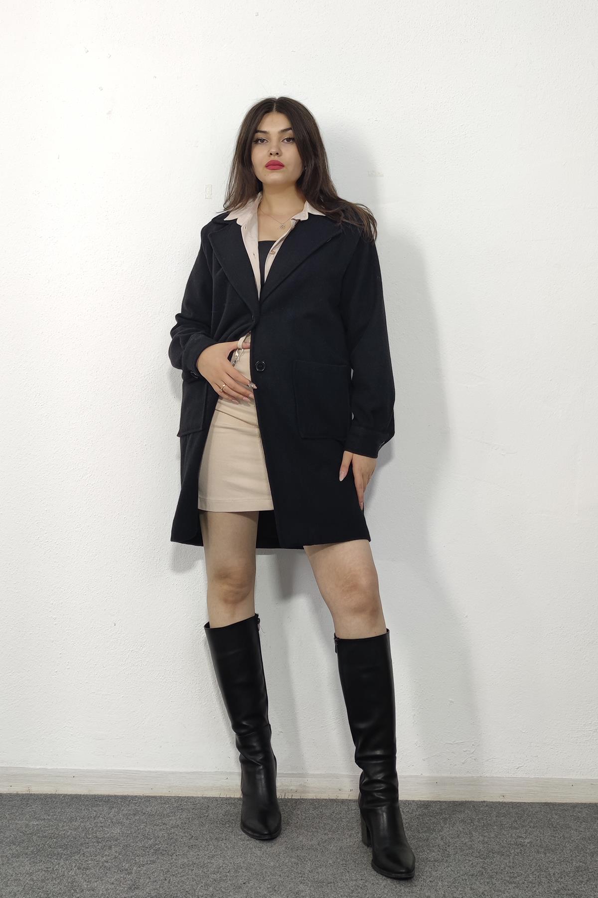 2544 Düğmeli Oversize Cepli Kaşe Kaban