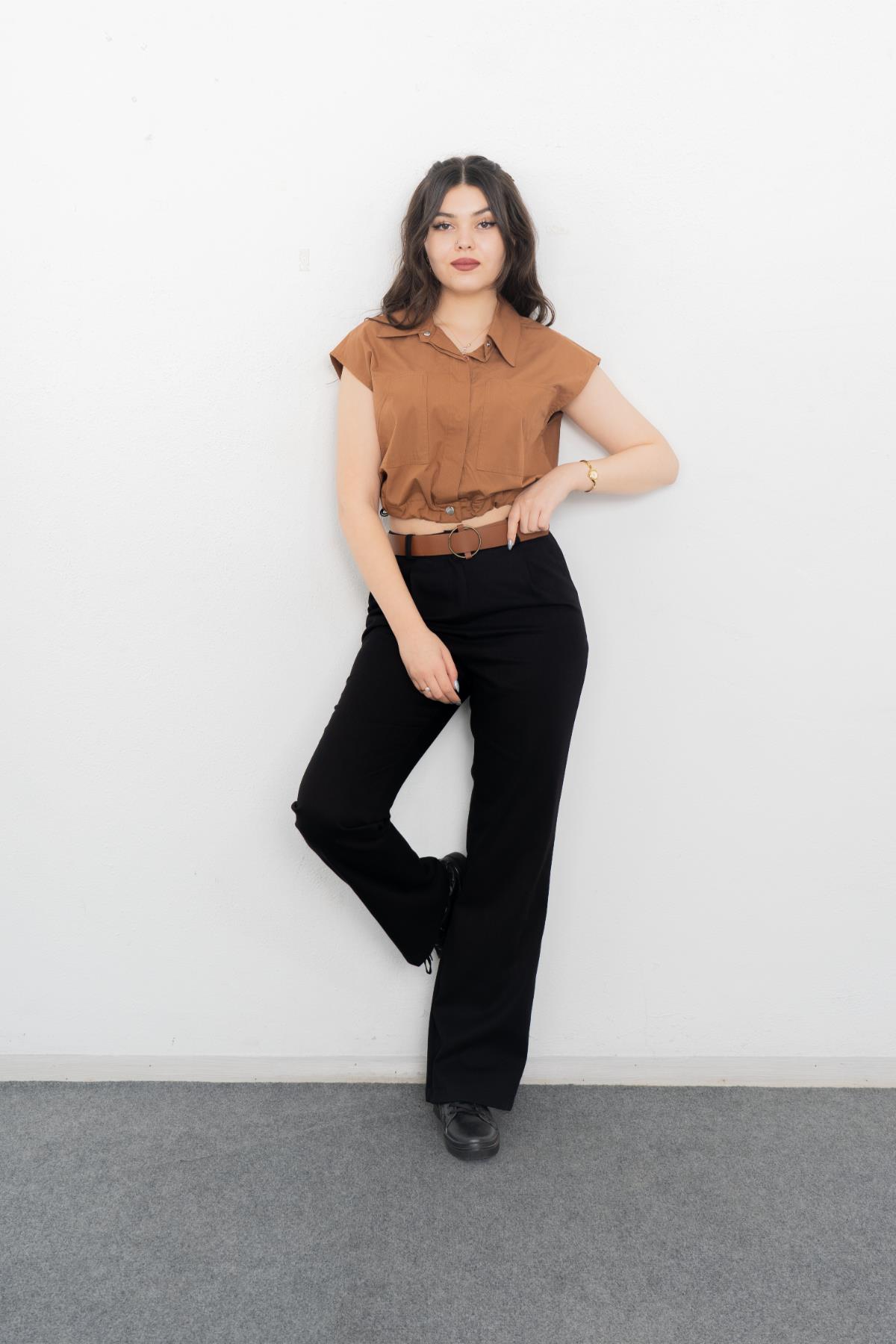 30098 KEMERLİ BOL PACA GABARDİN KUMAŞ PANTOLON