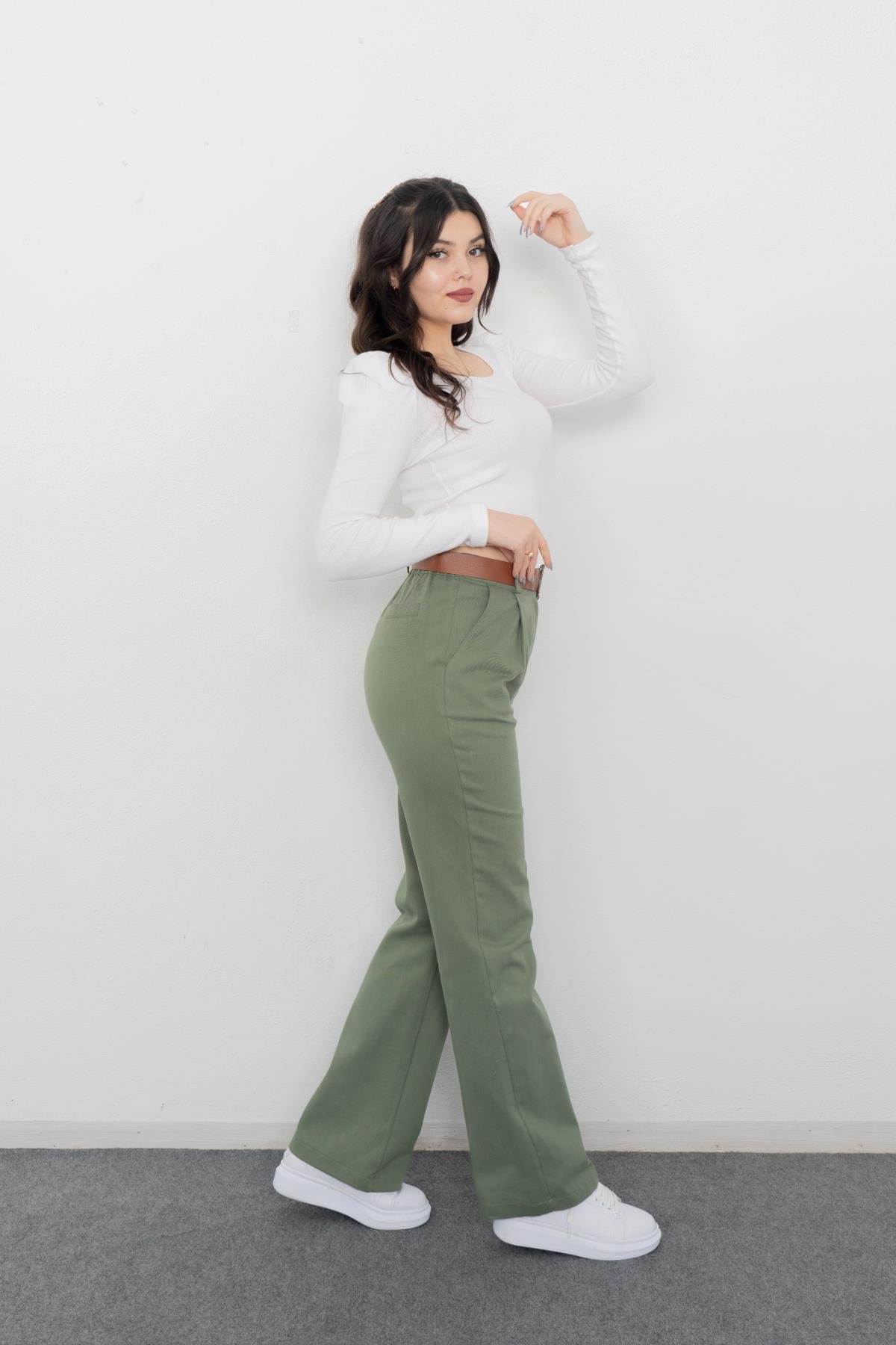 30098 KEMERLİ BOL PACA GABARDİN KUMAŞ PANTOLON