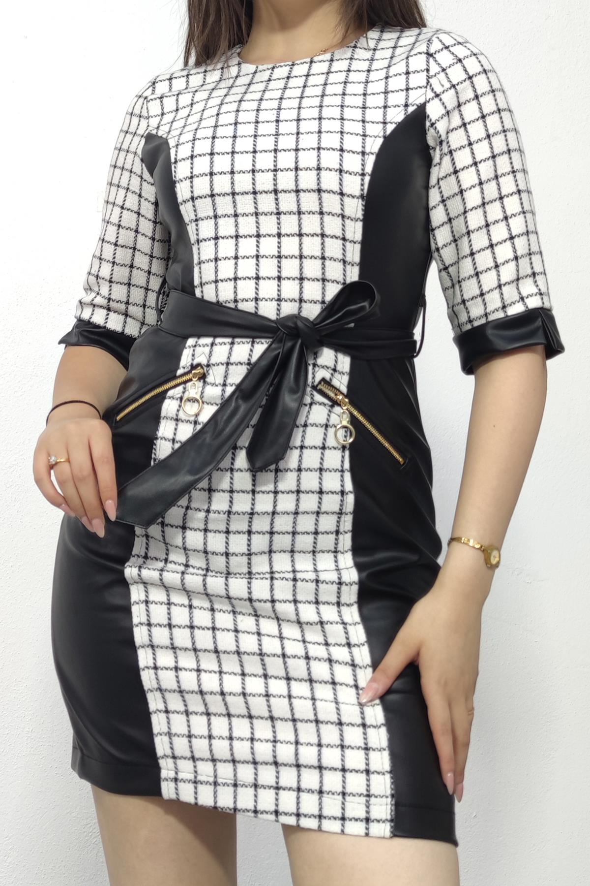 50220 Chanel Deri Kuşaklı Tüvit Elbise