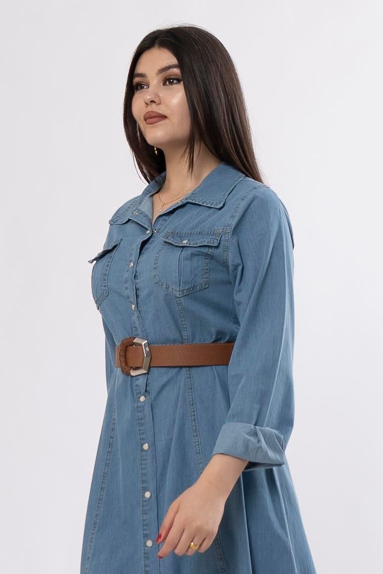 50235 Uzun Düğmeli ve Kemerli Denim Kot Elbise