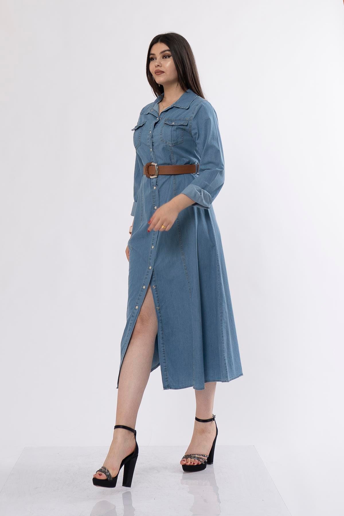 50235 Uzun Düğmeli ve Kemerli Denim Kot Elbise