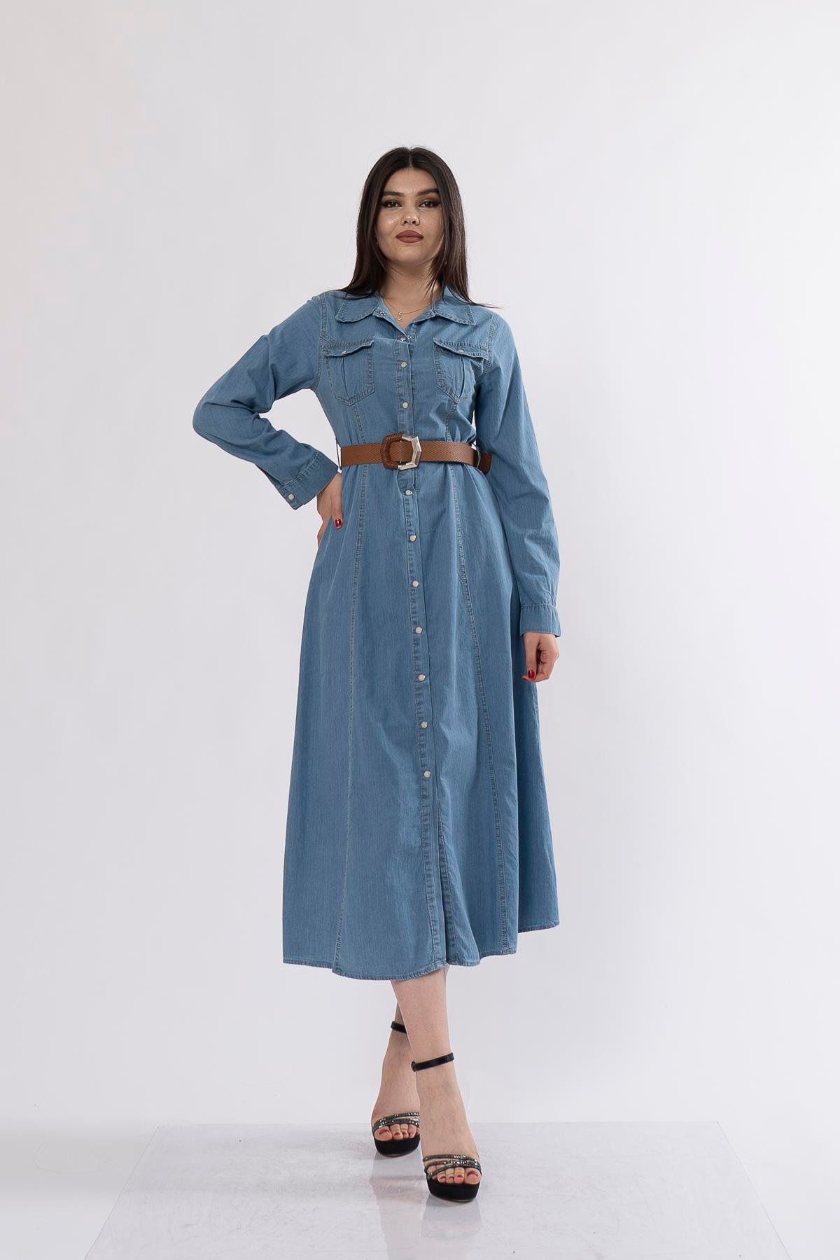 50235 Uzun Düğmeli ve Kemerli Denim Kot Elbise