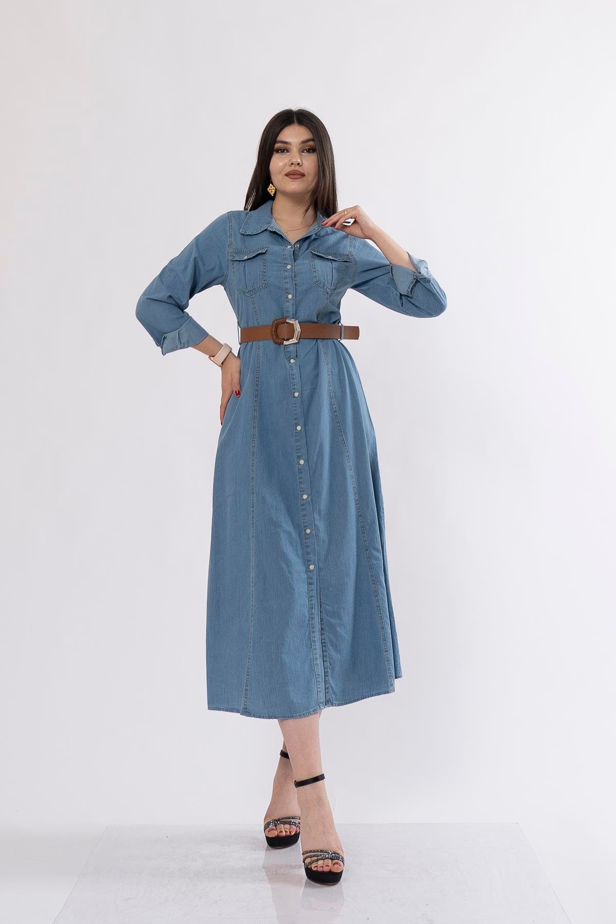 50235 Uzun Düğmeli ve Kemerli Denim Kot Elbise