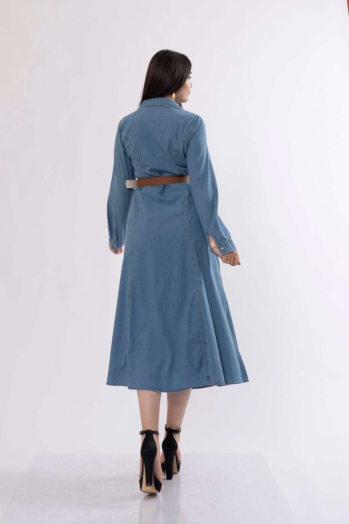 50235 Uzun Düğmeli ve Kemerli Denim Kot Elbise