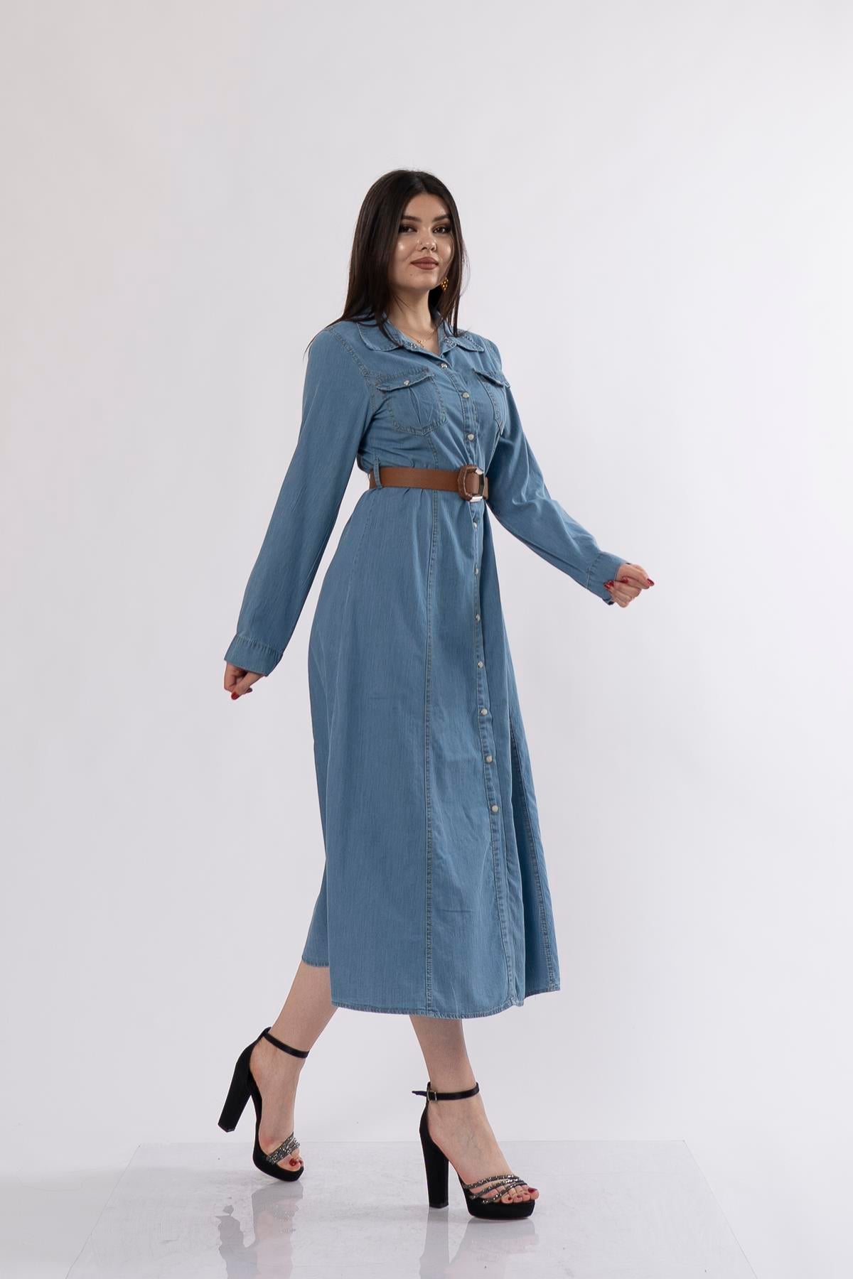 50235 Uzun Düğmeli ve Kemerli Denim Kot Elbise
