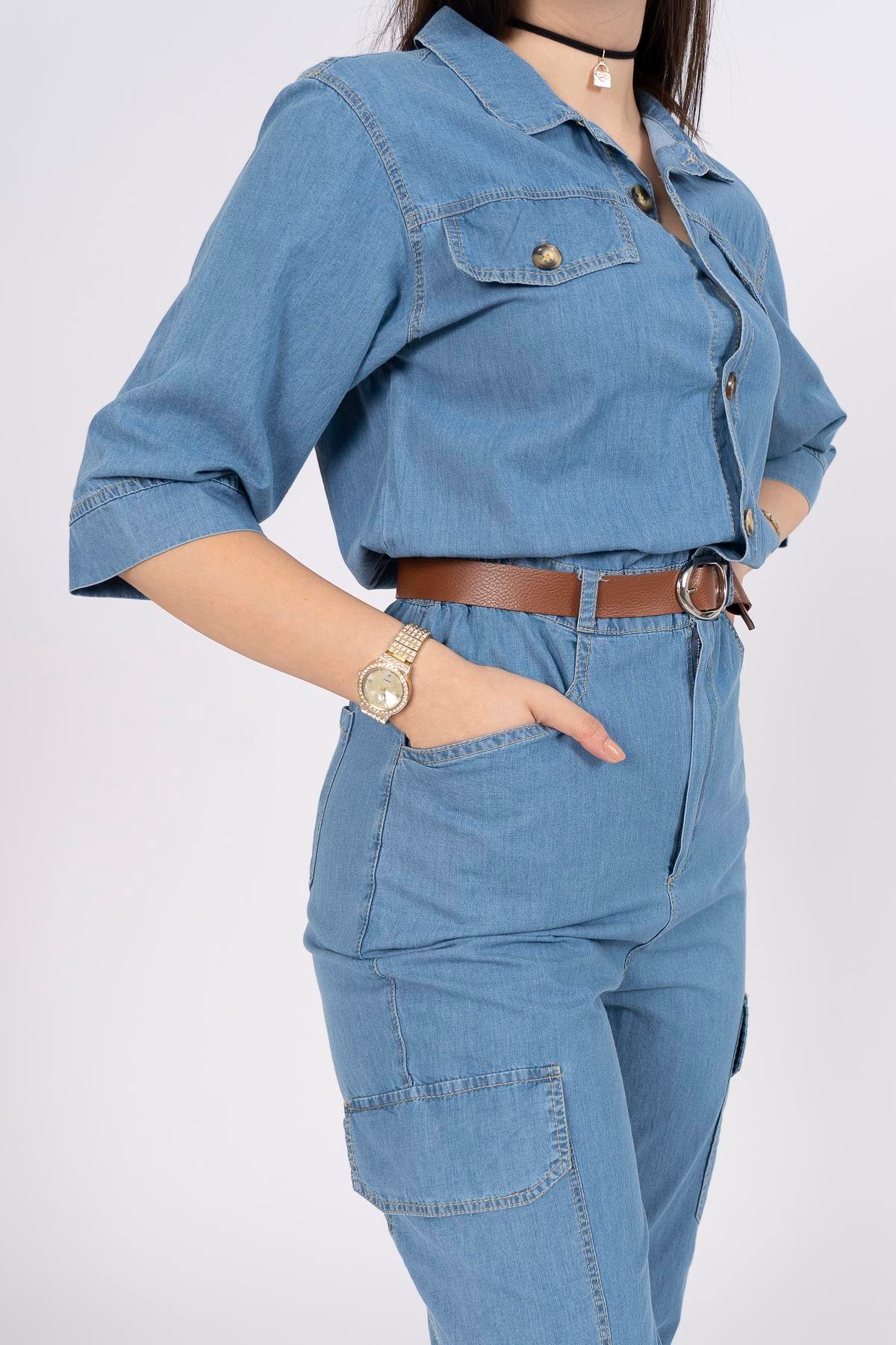 Kemerli Kot Denim Jean Kargo Cepli Tulum